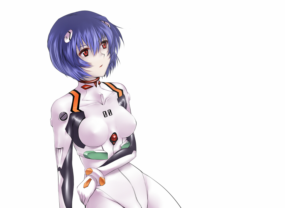 suga hideo, ayanami rei, neon genesis evangelion, bad id, bad pixiv id, 1girl, blue hair, breasts, female focus, mecha pilot suit, pale skin, plugsuit (evangelion), red eyes, short hair, simple background, solo, white background