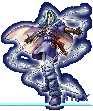 camelot, alex (golden sun), golden sun, lowres, official art, 1boy, blue hair, magic, male focus, solo, water