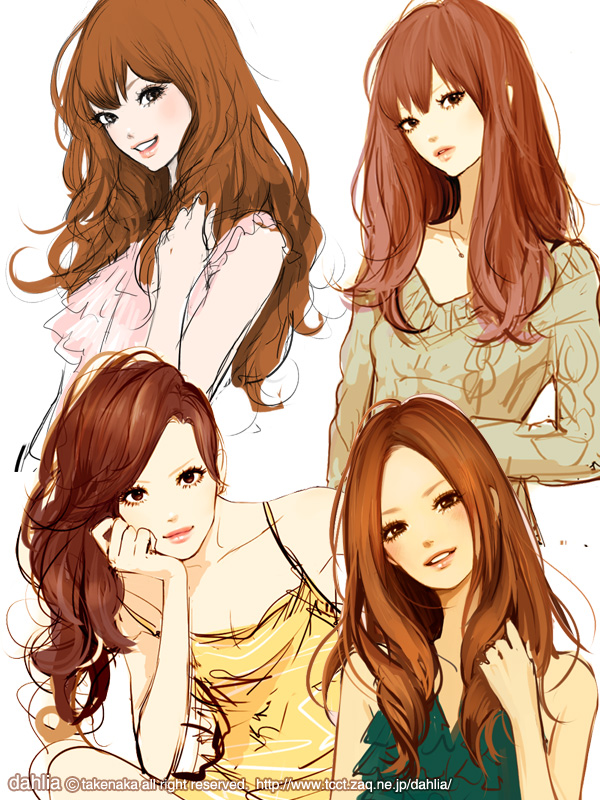takenaka, original, 4girls, blouse, brown eyes, brown hair, camisole, lipstick, long hair, makeup, multiple girls, red hair, shirt, sketch, smile, wavy hair