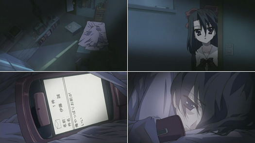 kiyoura setsuna, saionji sekai, school days, 00s, 2girls, bedroom, black hair, blue eyes, brown hair, cellphone, dark, hair ribbon, multiple girls, night, pale skin, phone, red eyes, ribbon, tears