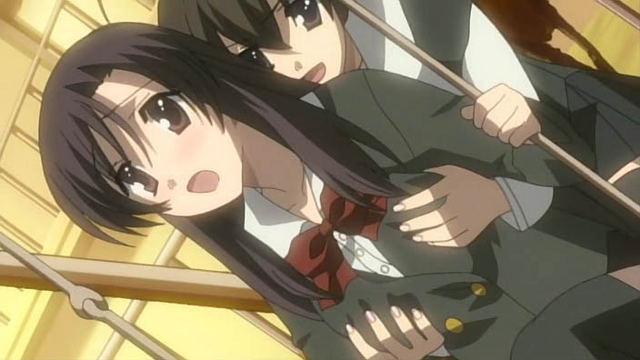 katsura kotonoha, saionji sekai, school days, anime screenshot, 00s, 1boy, 1girl, black hair, blush, breasts, grabbing another's breast, groping, long hair, open mouth, school uniform, yuri
