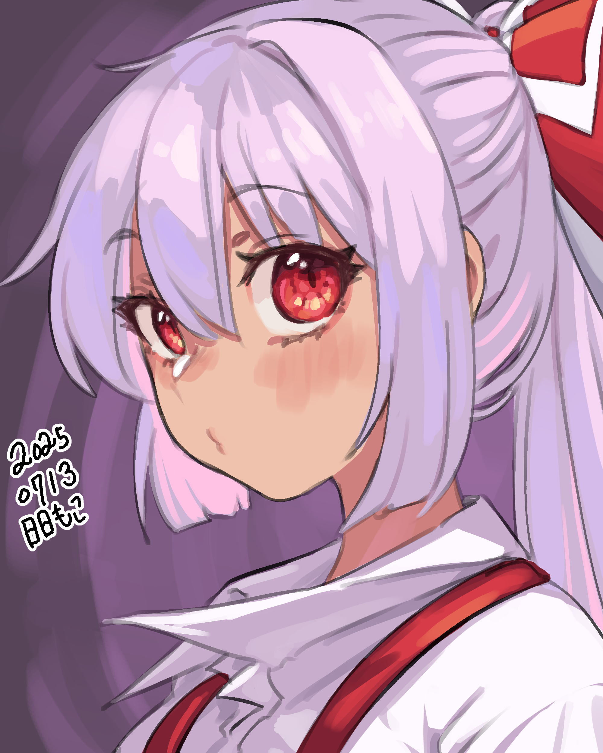 neophyte, fujiwara no mokou, touhou, absurdres, highres, 1girl, blush, bow, collared shirt, dated, eyelashes, grey hair, hair between eyes, hair bow, high ponytail, o3o, ponytail, portrait, raised eyebrows, red bow, red eyes, red suspenders, shirt, sidelocks, sideways glance, suspenders, white bow, white shirt