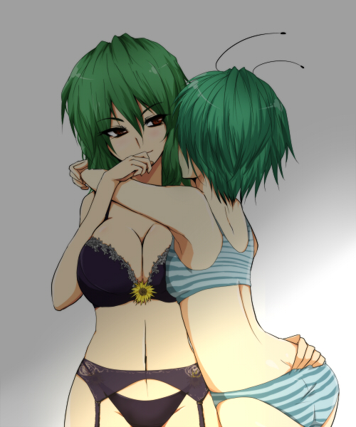 ifuji sakura, kazami yuuka, wriggle nightbug, touhou, ass grab, bad id, bad pixiv id, 2girls, antennae, ass, back, black bra, black panties, bra, breasts, butt crack, cleavage, couple, female focus, flower, garter belt, green hair, large breasts, lingerie, multiple girls, navel, panties, short hair, striped bra, striped clothes, striped panties, thong, underwear, underwear only, yuri