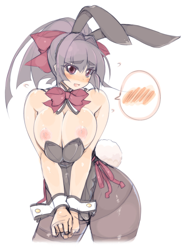 mel/a, akatsuki alut, original, 1girl, animal ears, bare shoulders, blush, breasts, breasts squeezed together, fake animal ears, female focus, hip focus, huge breasts, inverted nipples, long hair, nipples, pantyhose, playboy bunny, ponytail, puffy nipples, purple hair, rabbit ears, rabbit tail, red eyes, solo, tail, wardrobe malfunction, wide hips, wrist cuffs