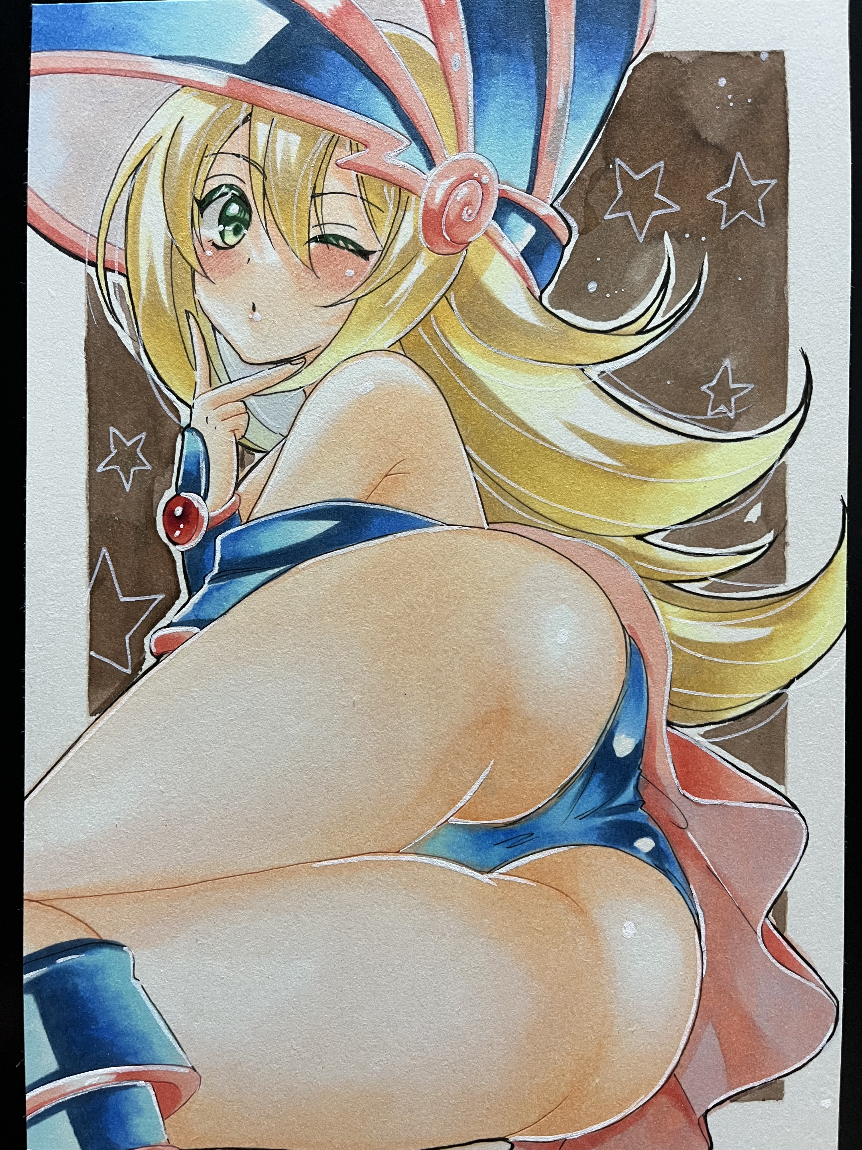 dark magician girl, yu-gi-oh!, artist request, highres, traditional media, 1girl, ass, blonde hair, blush, blush stickers, boots, breasts, curvy, duel monster, green eyes, hat, huge ass, leotard, leotard under clothes, long hair, looking at viewer, lying, magical girl, on side, one eye closed, open mouth, shiny skin, simple background, spread ass, thighs, underboob, wide hips, wink, wizard hat