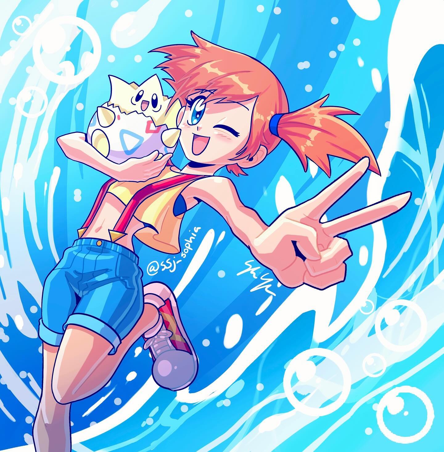ssj sophia, misty (pokemon), togepi, nintendo, pokemon, pokemon (anime), pokemon (classic anime), pokemon rgby, 1girl, ;d, artist name, blue eyes, blue shorts, blush, bubble, crop top, denim, denim shorts, eyelashes, gen 2 pokemon, hair tie, holding, holding pokemon, leg up, looking at viewer, midriff, navel, one eye closed, open mouth, orange hair, pokemon (creature), ponytail, shirt, shoes, short hair, short shorts, shorts, side ponytail, sleeveless, sleeveless shirt, smile, sneakers, standing, standing on one leg, suspender shorts, suspenders, tank top, tongue, twitter username, v, water, yellow shirt, yellow tank top
