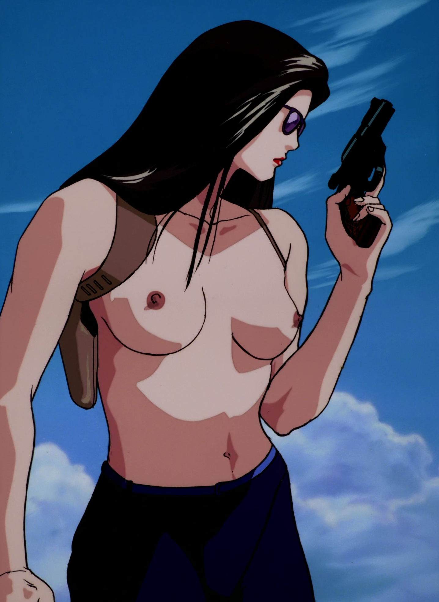 crying freeman, anime screenshot, character request, stitched, third-party edit, 1girl, black hair, female focus, gun, handgun, holding, holding gun, holding weapon, holster, long hair, nipples, outdoors, pistol, red lips, sunglasses, topless female, weapon