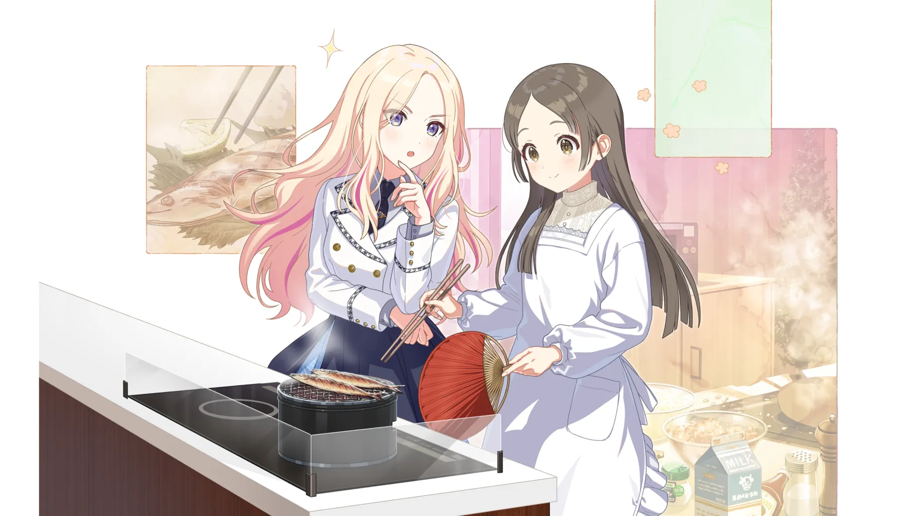juo sena, kuramoto china, gakuen idolmaster, idolmaster, game cg, official art, 2girls, apron, blonde hair, blue eyes, bowl, brown eyes, brown hair, buttons, cabinet, chopsticks, cooking, fish, forehead, grilling, hand fan, holding, ketchup bottle, milk carton, multiple girls, necktie, open mouth, pink hair, plant, salt shaker, skirt, smile, steam, stove