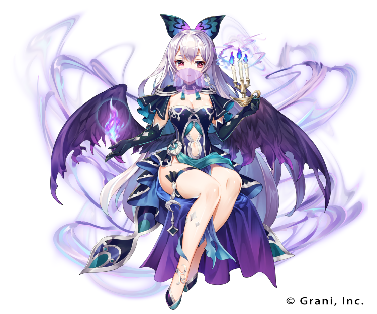 nemusuke, original, character request, official art, 1girl, aura, bikini, blue fire, breasts, chandelier, dress, energy, feathered wings, fire, full body, high heels, kurokishi to shiro no maou, long hair, medium breasts, navel, purple hair, sitting, swimsuit, veil, white bikini, wings