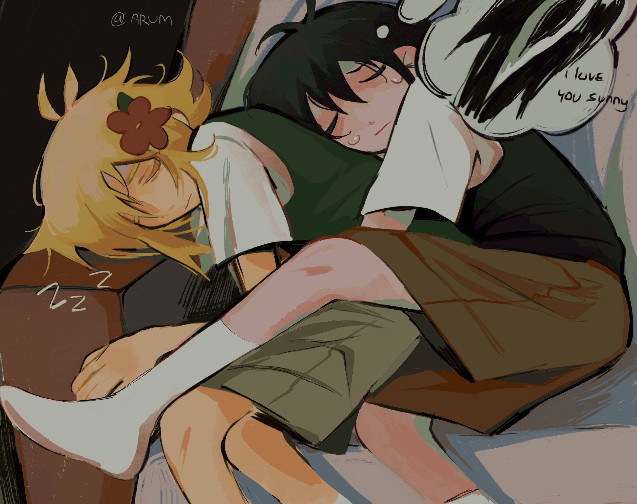 basil (faraway) (omori), basil (omori), something (omori), sunny (omori), omori, hashtag-only commentary, highres, spoilers, 2boys, antenna hair, artist name, arum 0m0, black hair, black sweater vest, blonde hair, brown shorts, closed eyes, closed mouth, collared shirt, flower, green sweater vest, hair flower, hair ornament, lying, male focus, multiple boys, on side, shirt, short hair, short sleeves, shorts, sidelocks, sleeping, socks, sweater vest, white shirt, white socks, yaoi, zzz