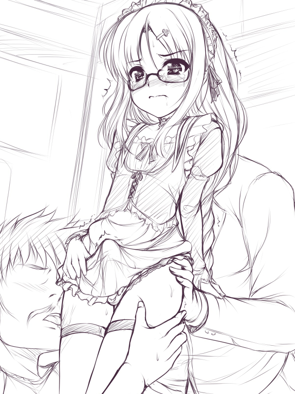 uni8, 3boys, androgynous, blush, bulge, crossdressing, crossdressing (mtf), erection, erection under clothes, frown, glasses, greyscale, licking, long hair, maid, male focus, male maid, monochrome, multiple boys, penis, shota, solo focus, tears, thighhighs, trap, yaoi