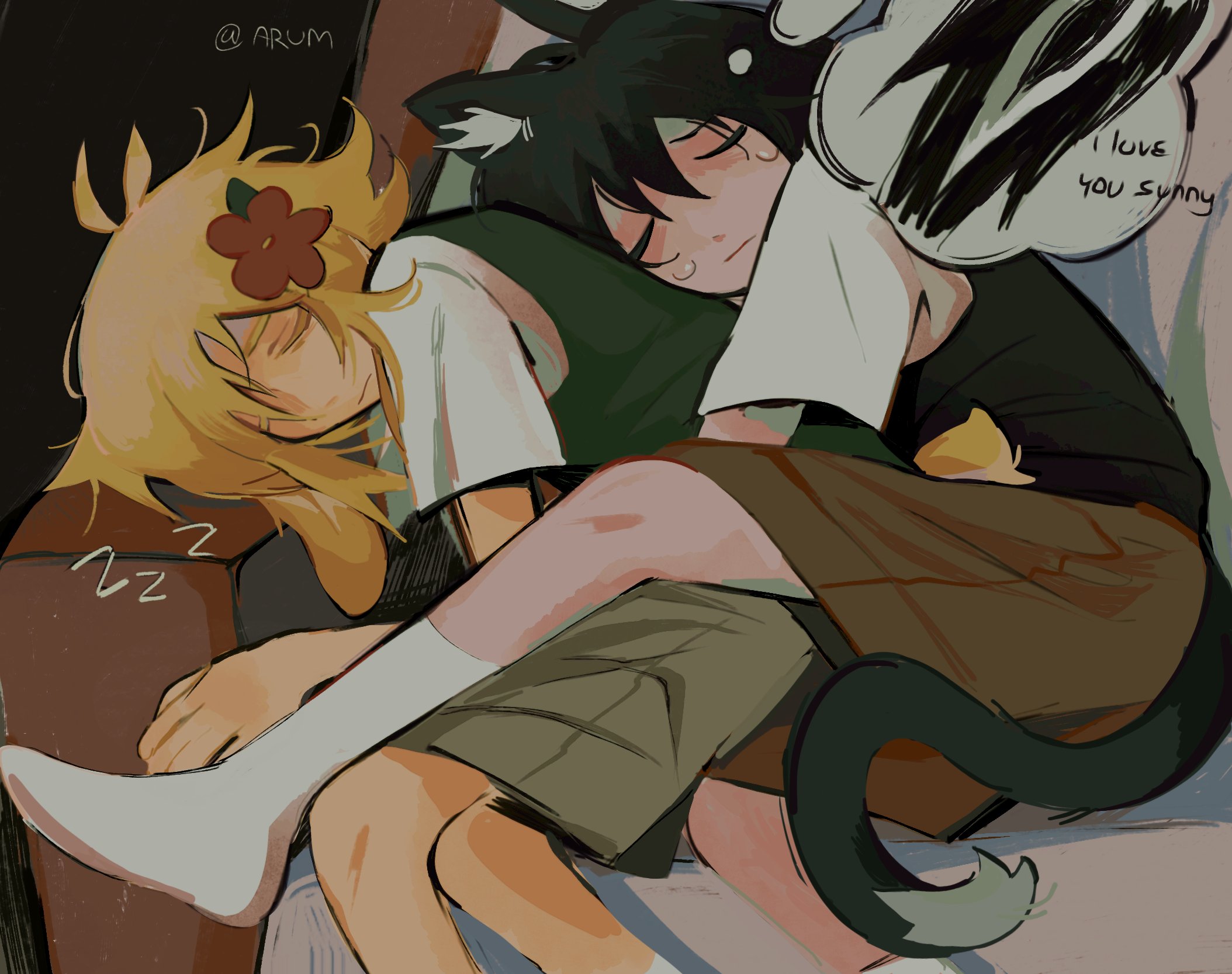 basil (faraway) (omori), basil (omori), something (omori), sunny (omori), omori, highres, spoilers, 2boys, animal ears, antenna hair, artist name, arum 0m0, black hair, black sweater vest, blonde hair, brown shorts, cat boy, cat ears, cat tail, closed eyes, closed mouth, collared shirt, flower, green sweater vest, hair flower, hair ornament, kemonomimi mode, lying, male focus, multiple boys, on side, rabbit boy, rabbit ears, rabbit tail, shirt, short hair, short sleeves, shorts, sidelocks, sleeping, socks, sweater vest, tail, white shirt, white socks, yaoi, zzz