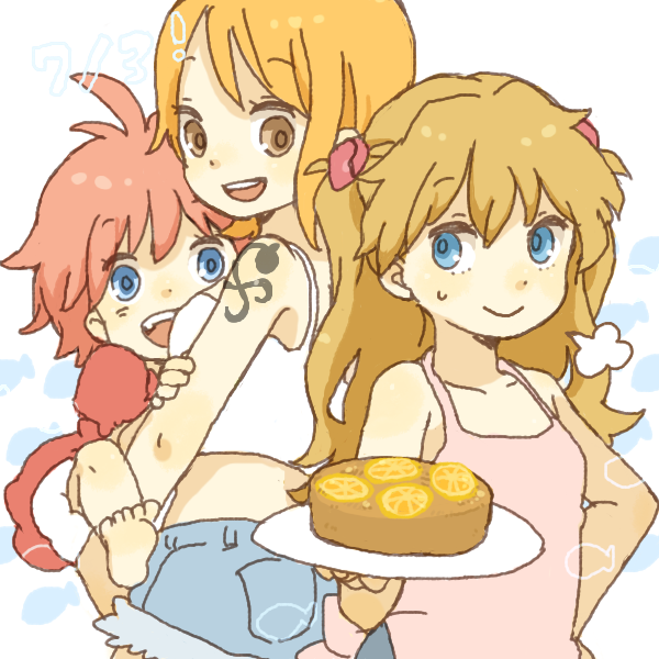 yukke, nami (one piece), ponyo, souryuu asuka langley, gake no ue no ponyo, neon genesis evangelion, one piece, rebuild of evangelion, 00s, 3girls, blue eyes, blush, brown hair, cake, child, crossover, food, happy, hug, long hair, multiple girls, orange hair, pastry, pink hair, shorts, smile, tattoo