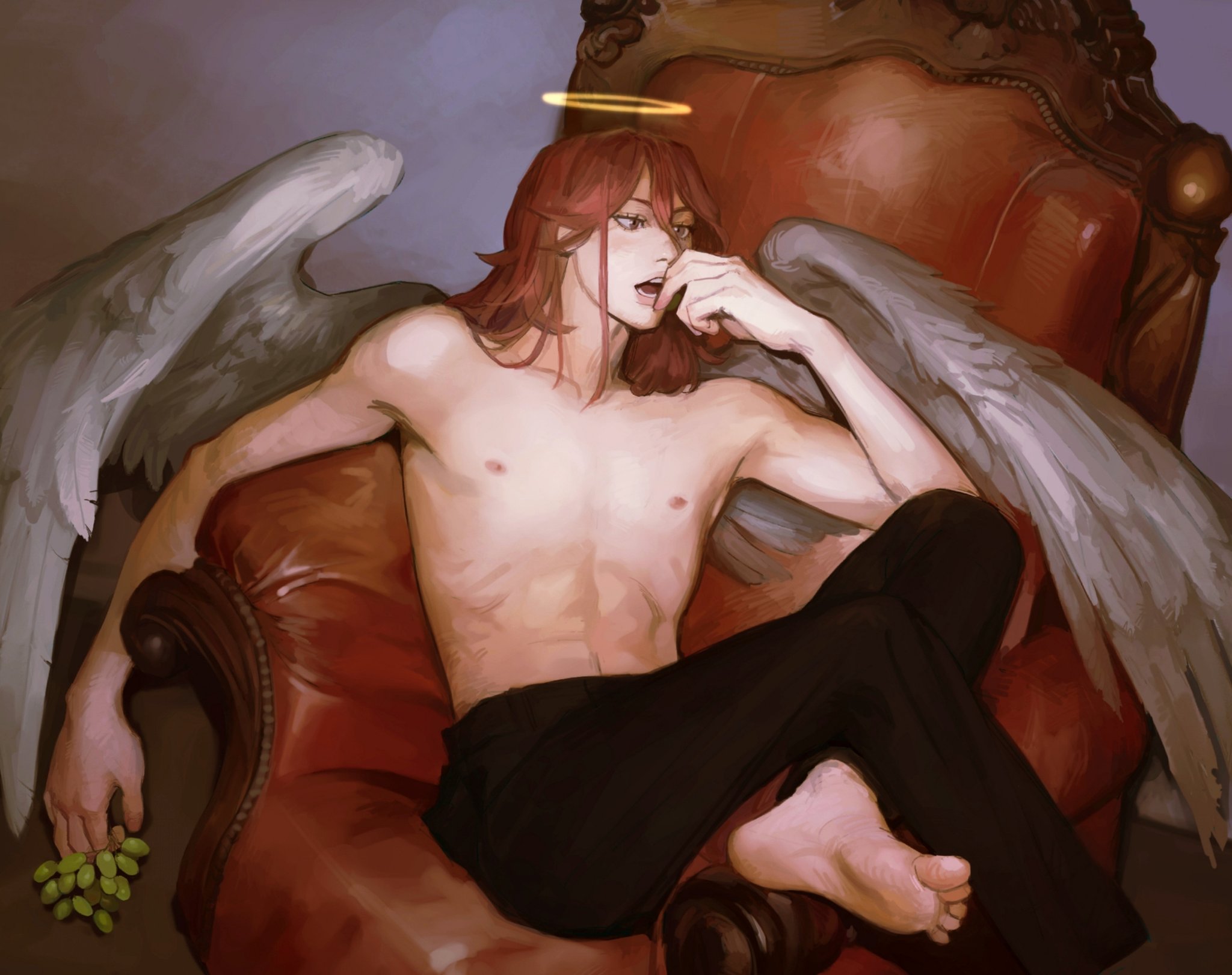 6 teh, angel devil (chainsaw man), chainsaw man, highres, 1boy, angel, angel wings, black pants, collarbone, feet, food, fruit, grapes, halo, long hair, male focus, nipples, no shoes, open mouth, pants, ribs, sitting, soles, solo, teeth, toes, tongue, topless male, traditional halo, white wings, wings