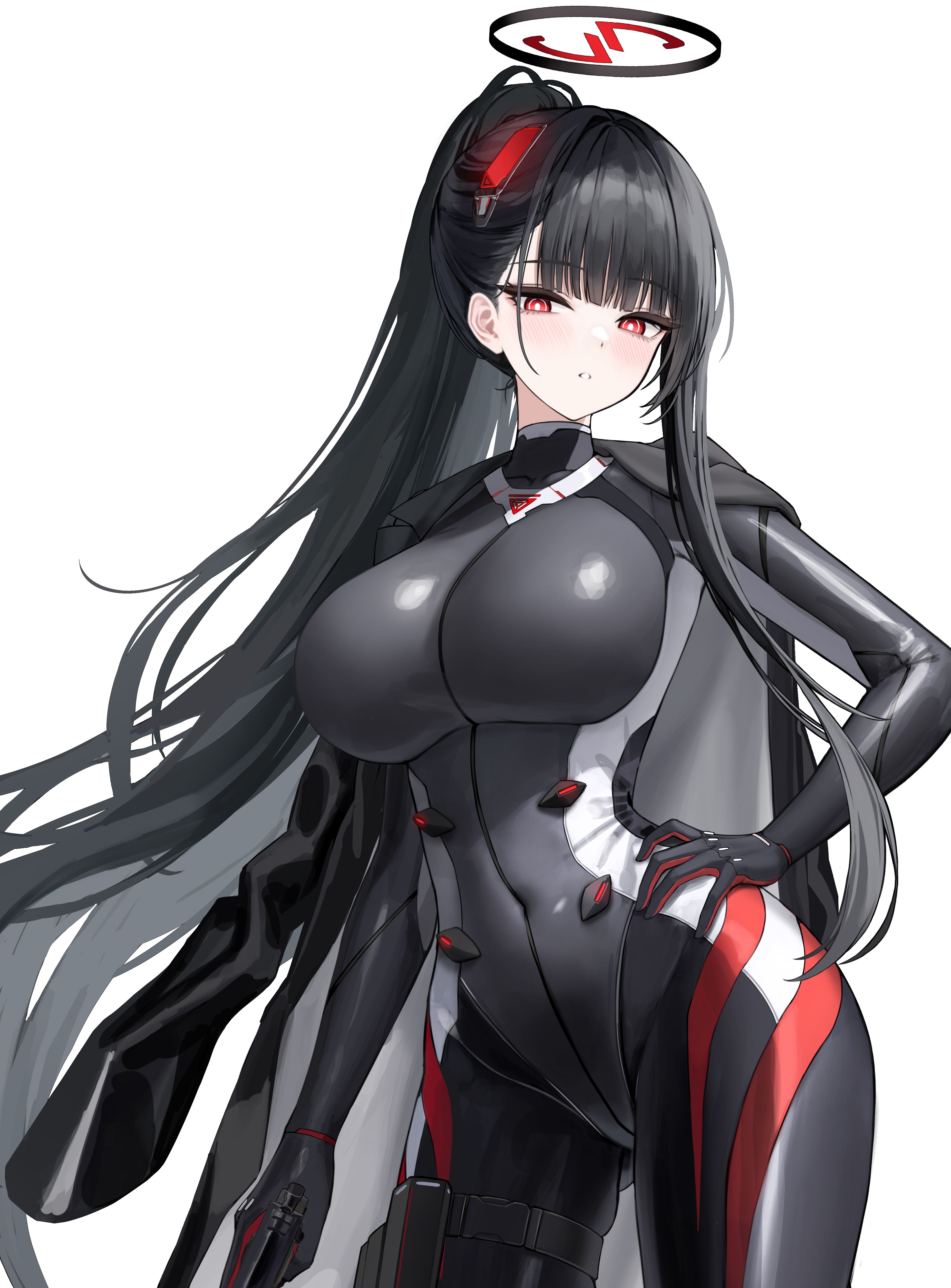 sab (sab2500), rio (blue archive), rio (bodysuit) (blue archive), blue archive, absurdres, commentary request, highres, 1girl, black bodysuit, black hair, bodysuit, bright pupils, covered navel, gun, halo, hand on own hip, handgun, high ponytail, holding, holding gun, holding weapon, jacket, jacket on shoulders, latex, latex bodysuit, long hair, m1911, multicolored halo, official alternate costume, ponytail, red eyes, ringed eyes, simple background, skin tight, solo, two-tone halo, very long hair, weapon, white background, white pupils