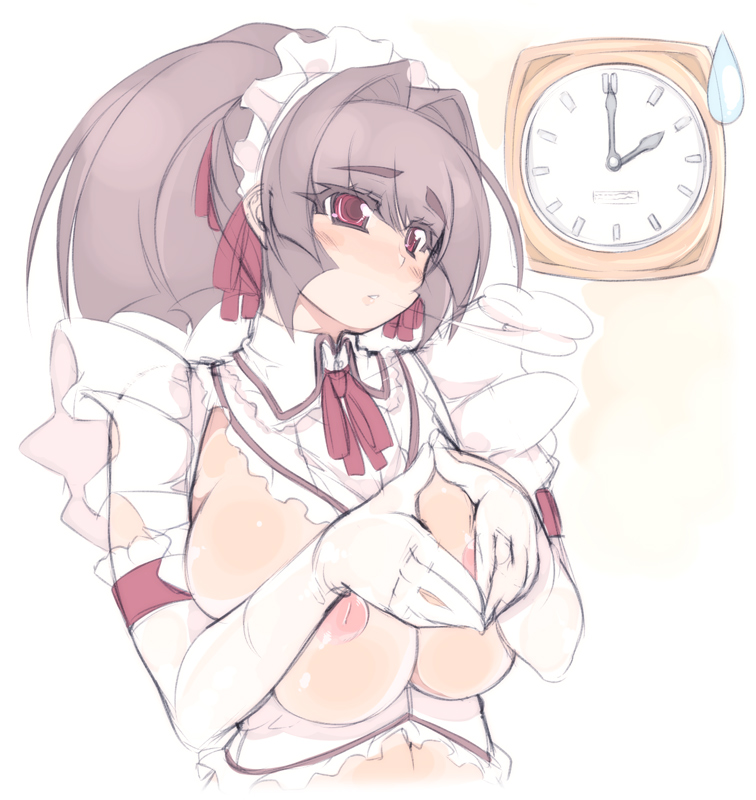 mel/a, akatsuki alut, saionji mikoto, original, 1girl, blush, breasts, brown hair, clock, elbow gloves, female focus, frills, gloves, heart, heart hands, huge breasts, inverted nipples, long hair, maid, maid headdress, nipples, puffy nipples, red eyes, solo, white gloves