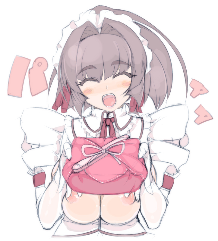 mel/a, akatsuki alut, saionji mikoto, original, 1girl, bento, blush, breasts, brown hair, closed eyes, elbow gloves, female focus, gloves, happy, huge breasts, inverted nipples, large breasts, long hair, maid, maid headdress, nipples, ponytail, puffy nipples, solo