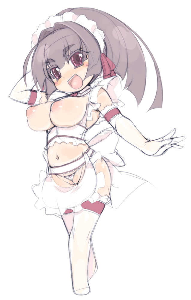 mel/a, akatsuki alut, original, 1girl, apron, blush, breastless clothes, breasts, brown hair, chibi, elbow gloves, female focus, gloves, inverted nipples, large breasts, long hair, maid, maid apron, maid headdress, nipples, ponytail, puffy nipples, pussy, red eyes, solo, thighhighs, white thighhighs