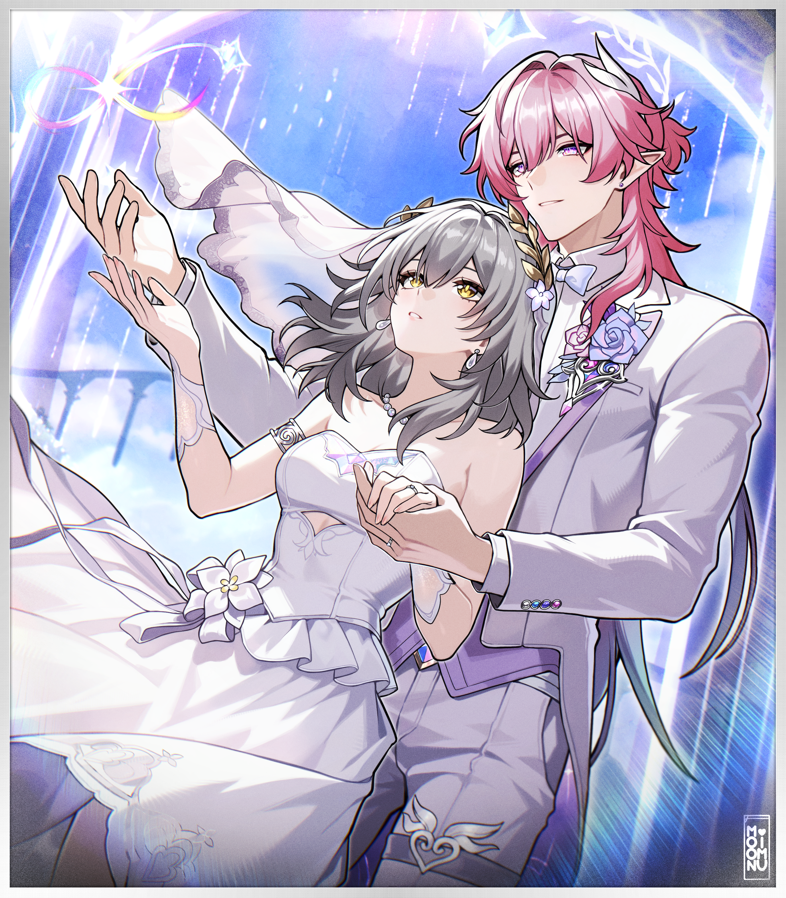 moonimu art, cyrene (honkai: star rail), cyrene (ripples of past reverie) (honkai: star rail), stelle (honkai: star rail), trailblazer (honkai: star rail), honkai: star rail, honkai (series), absurdres, commentary, english commentary, highres, 1boy, 1girl, alternate costume, armlet, artist name, bare shoulders, bow, bowtie, breasts, bridal veil, bride, cleavage, clothing cutout, collared shirt, couple, cowboy shot, dress, dress flower, earrings, flower, formal clothes, front-to-back, genderswap, genderswap (ftm), gradient hair, grey hair, groom, hair ornament, hand up, heart, heart o-ring, hetero, holding hands, jacket, jewelry, long hair, medium breasts, multicolored hair, necklace, o-ring, o-ring thigh strap, pants, parted lips, pearl necklace, pink hair, pointy ears, purple eyes, ring, shirt, strapless, strapless dress, suit, suit jacket, thigh strap, veil, very long hair, wedding dress, wedding ring, white dress, white jacket, white pants, white shirt, wind, yellow eyes