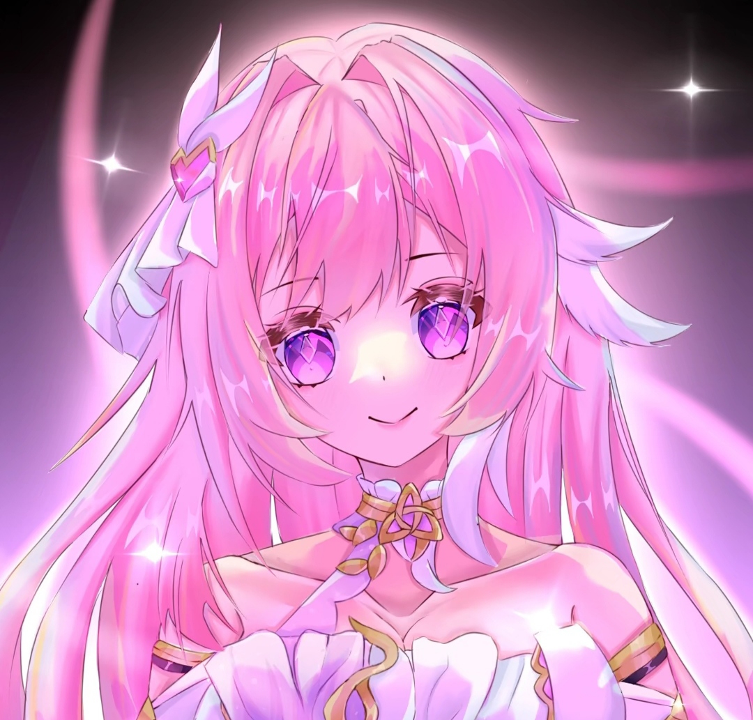 yingjingxue90662, elysia (herrscher of human: ego) (honkai impact), elysia (honkai impact), honkai (series), honkai impact 3rd, chinese commentary, commentary request, 1girl, bare shoulders, breasts, cleavage, corset, diamond-shaped pupils, diamond (shape), hair ornament, large breasts, long hair, looking at viewer, multicolored hair, pink hair, purple eyes, smile, solo, symbol-shaped pupils, triquetra, two-tone hair, upper body, very long hair, white corset, white hair