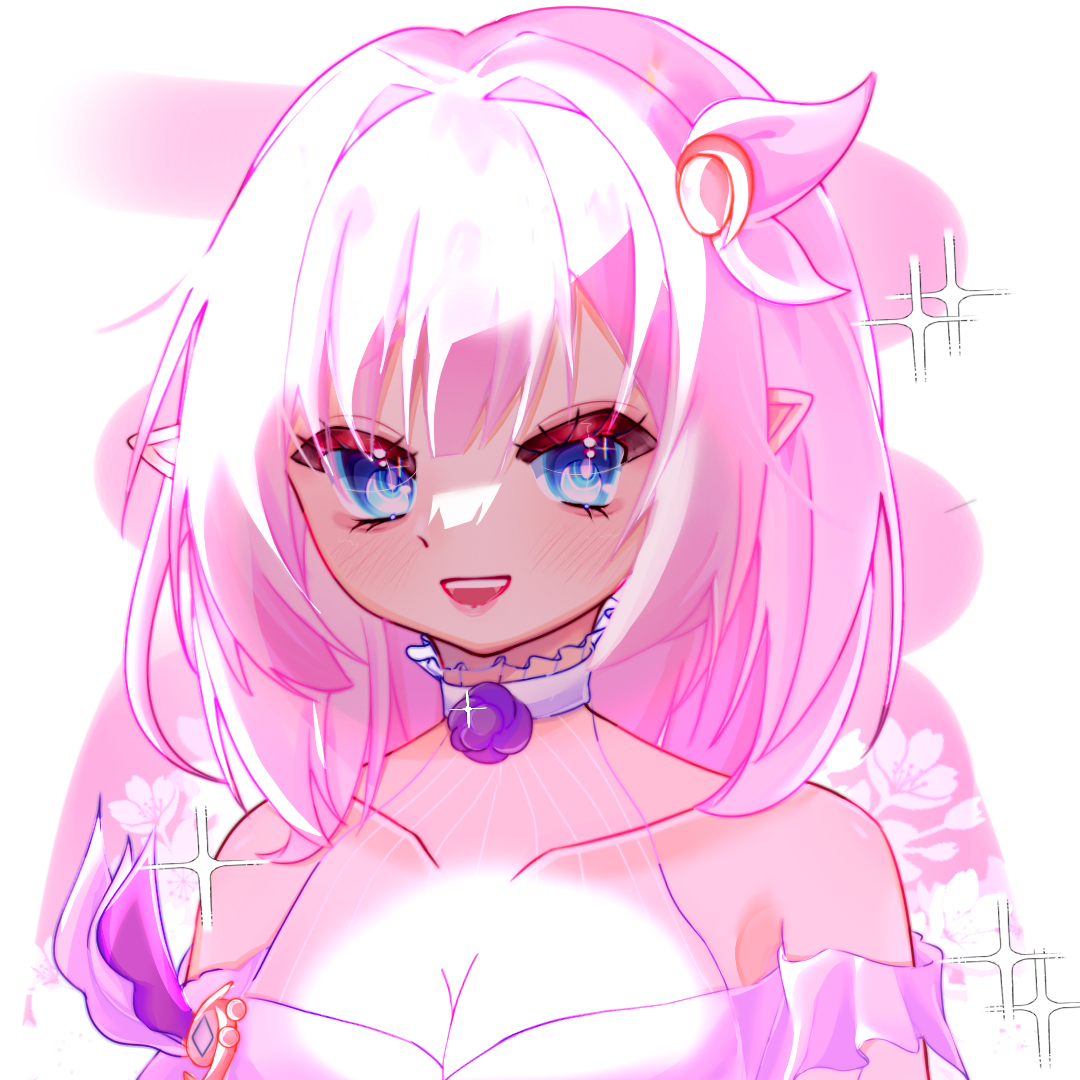 yingjingxue90662, elysia (honkai impact), honkai (series), honkai impact 3rd, chinese commentary, commentary request, 1girl, blonde hair, breasts, cleavage, collarbone, dress, elf, hair ornament, large breasts, long hair, looking at viewer, official alternate costume, open mouth, pink hair, pointy ears, smile, solo, upper body, very long hair, white dress