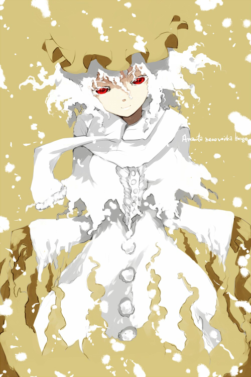 oso (toolate), amanita neoovoidea, oso-teki kinoko gijinka zukan, 1girl, blending, female focus, gloves, hat, mushroom, personification, red eyes, scarf, skirt, smile, solo, white hair