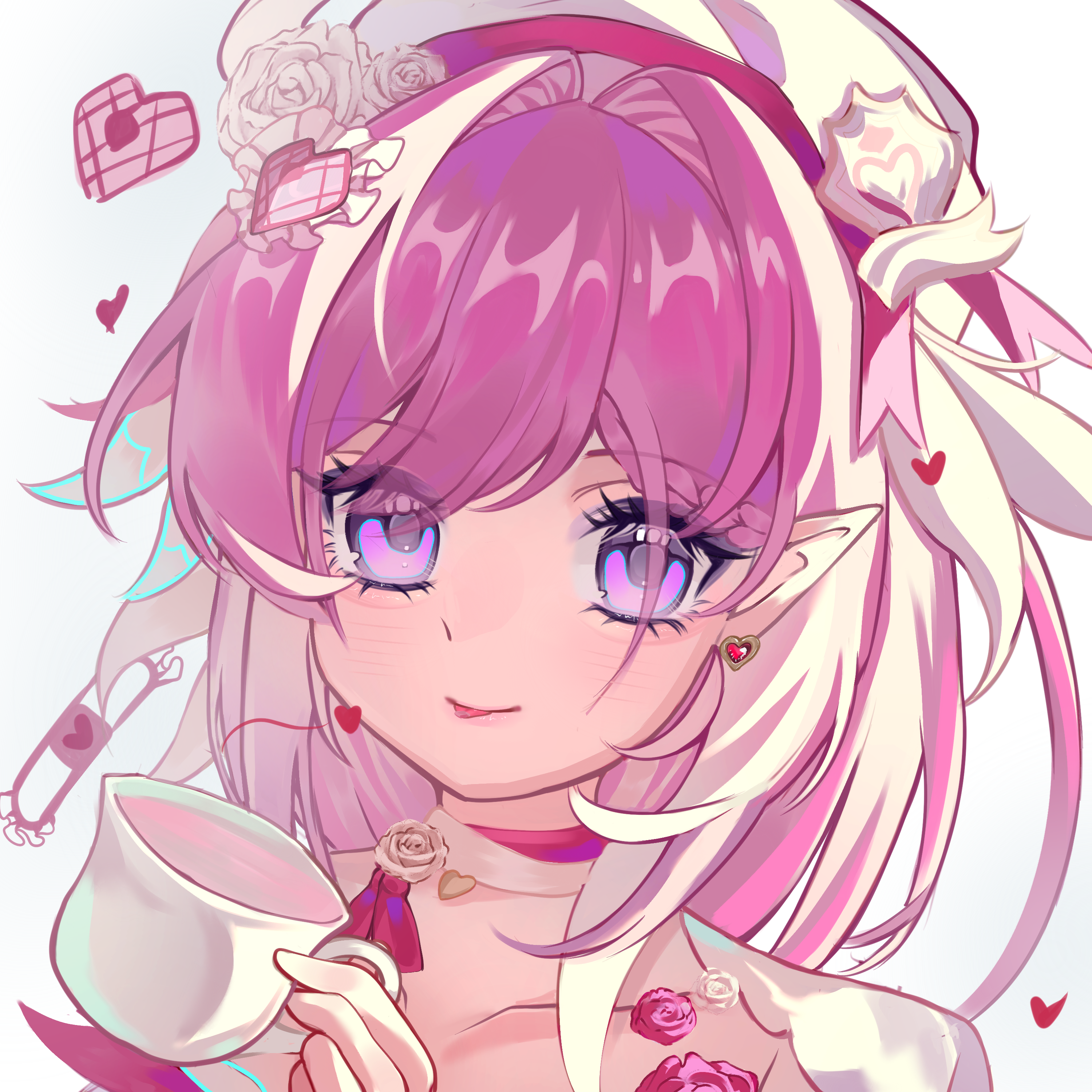 yingjingxue90662, elysia (hi love elf) (honkai impact), elysia (honkai impact), honkai (series), honkai impact 3rd, absurdres, chinese commentary, commentary request, highres, 1girl, beret, cup, diamond-shaped pupils, diamond (shape), earrings, elf, hat, heart, heart earrings, holding, holding cup, jewelry, long hair, looking at viewer, multicolored hair, pink hair, pointy ears, purple eyes, simple background, smile, solo, symbol-shaped pupils, two-tone hair, upper body, very long hair, white background, white hair