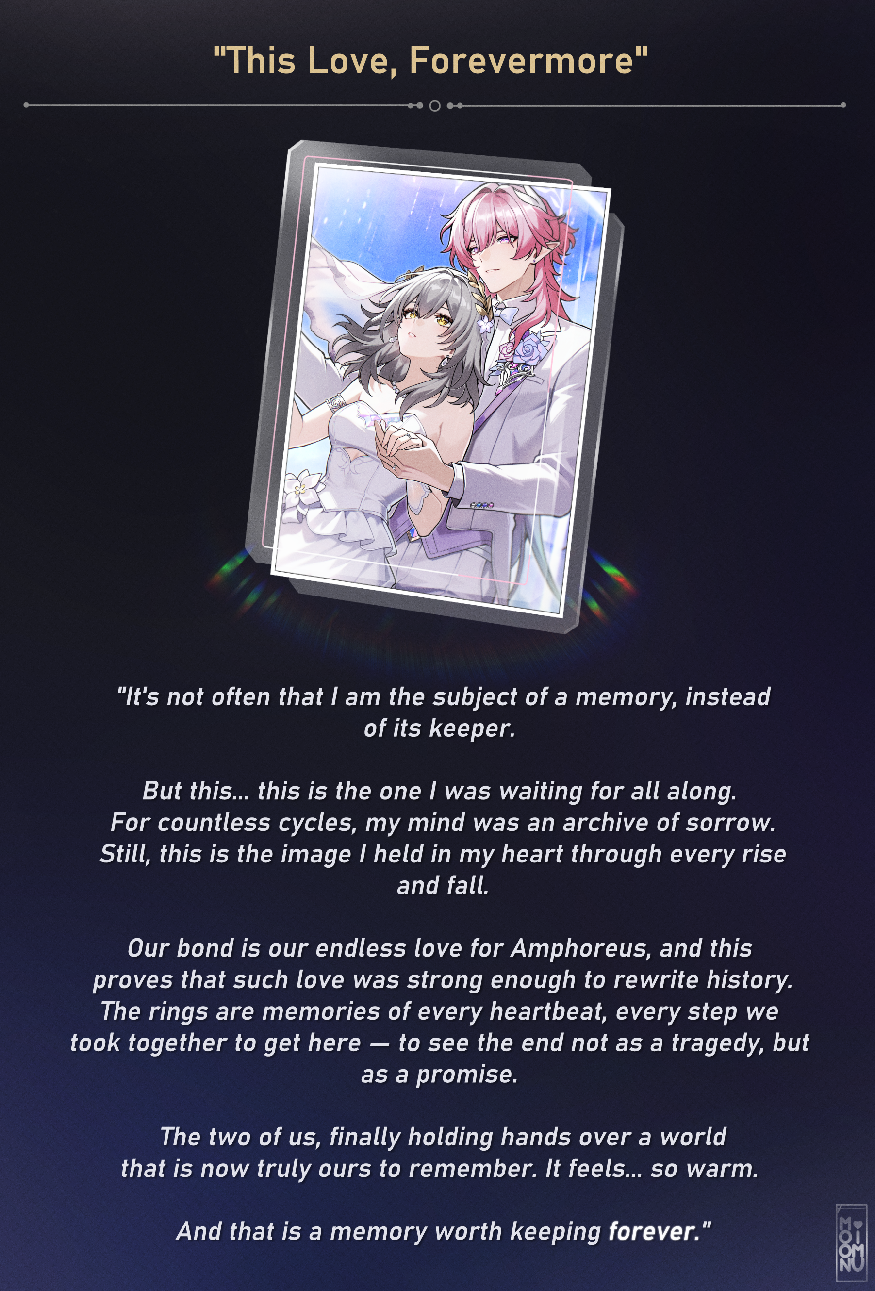 moonimu art, cyrene (honkai: star rail), cyrene (ripples of past reverie) (honkai: star rail), stelle (honkai: star rail), trailblazer (honkai: star rail), honkai: star rail, honkai (series), absurdres, commentary, english commentary, highres, 1boy, 1girl, alternate costume, armlet, artist name, bare shoulders, bow, bowtie, breasts, bridal veil, bride, cleavage, clothing cutout, collared shirt, couple, cowboy shot, dress, dress flower, earrings, english text, flower, formal clothes, front-to-back, genderswap, genderswap (ftm), gradient hair, grey hair, groom, hair ornament, hand up, heart, heart o-ring, hetero, holding hands, jacket, jewelry, light cone (honkai: star rail), long hair, medium breasts, multicolored hair, necklace, o-ring, o-ring thigh strap, pants, parted lips, pearl necklace, pink hair, pointy ears, purple eyes, ring, shirt, strapless, strapless dress, suit, suit jacket, thigh strap, veil, very long hair, wedding dress, wedding ring, white dress, white jacket, white pants, white shirt, wind, yellow eyes