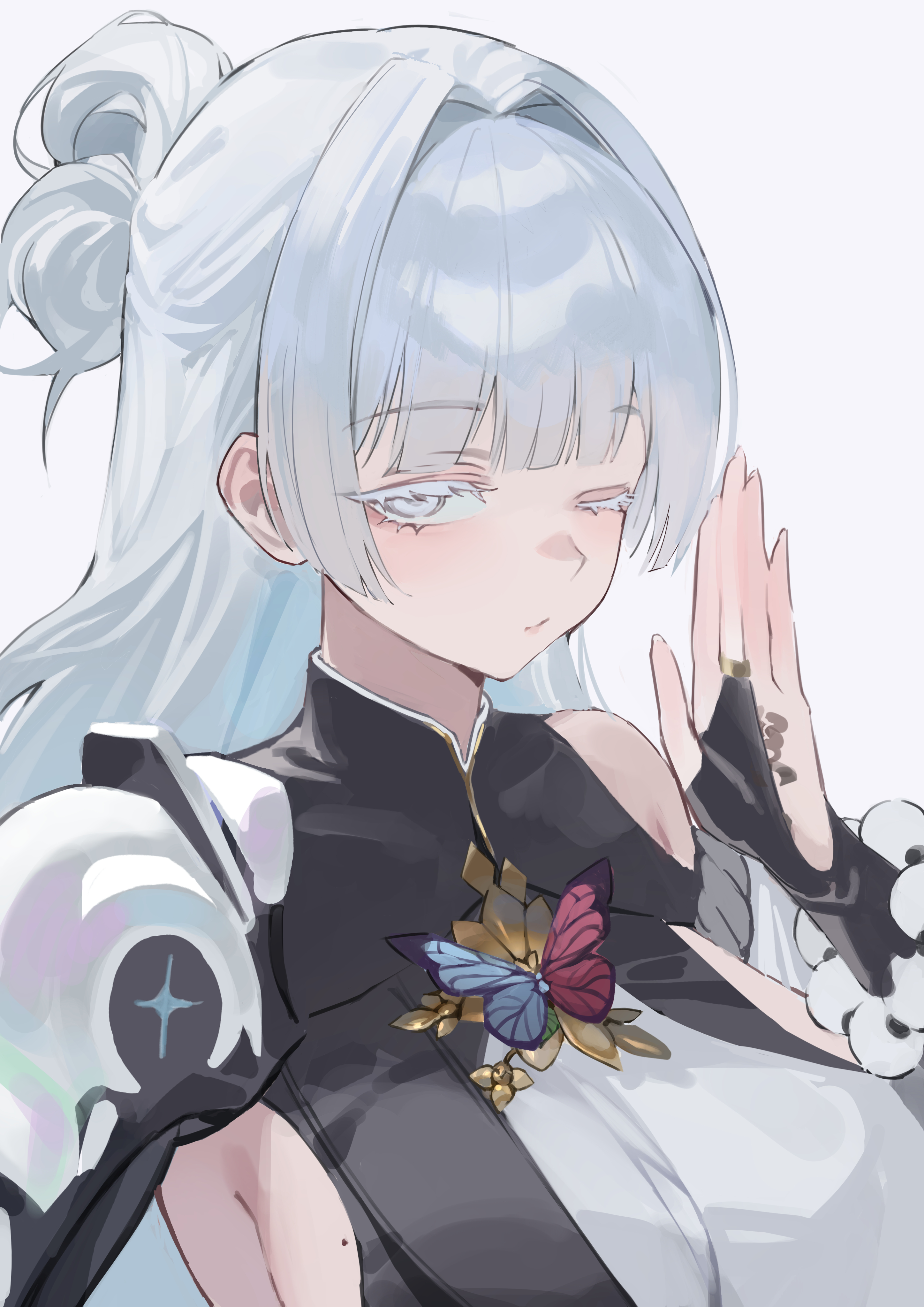 eoboong, nayuta (nikke), goddess of victory: nikke, absurdres, commentary, highres, 1girl, black bridal gauntlets, braid, breasts, bridal gauntlets, butterfly brooch, colored eyelashes, green eyes, grey background, grey hair, hair bun, hair intakes, half up braid, hololive christmas outfit, large breasts, long hair, looking at viewer, mechanical arms, mole, mole on breast, one eye closed, shirt, sideboob, sideless outfit, simple background, single bare shoulder, single bridal gauntlet, single hair bun, single mechanical arm, solo, upper body, white shirt, wispy bangs