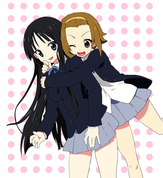 yukito mayumi, akiyama mio, tainaka ritsu, k-on!, 00s, 2girls, black eyes, black hair, blazer, brown eyes, brown hair, hairband, hug, long hair, multiple girls, pleated skirt, polka dot, school uniform, short hair, skirt, tomboy