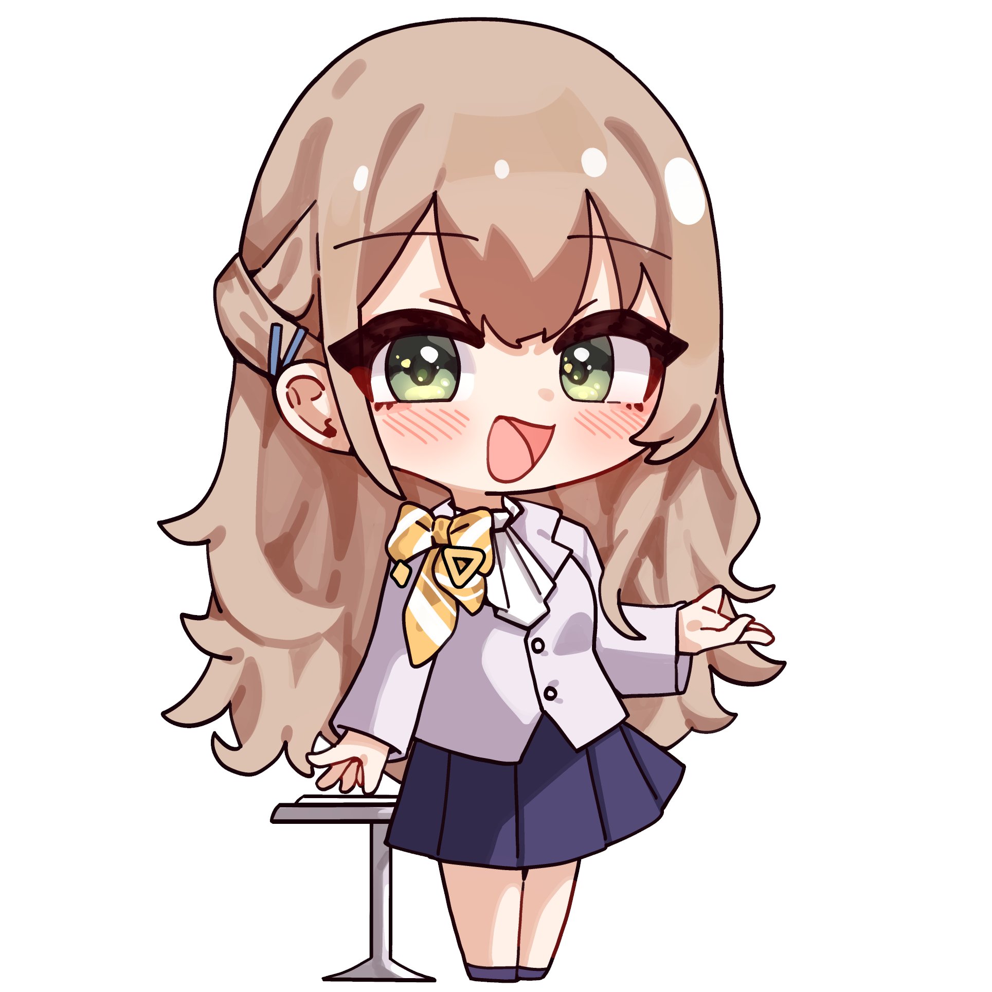 jadea5124, hanazono sayaka, hololive, highres, 1girl, blush, brown hair, chibi, long hair, long sleeves, looking at viewer, open mouth, smile, solo, virtual youtuber