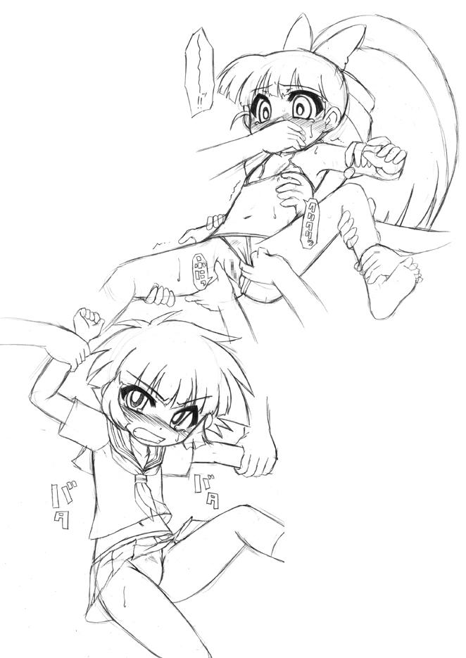 akazutsumi momoko, matsubara kaoru, cartoon network, powerpuff girls, powerpuff girls z, artist request, 00s, 2girls, bikini, bikini bottom aside, blush, bow, censored, clothing aside, covering another's mouth, flat chest, grabbing another's arm, grabbing another's leg, hair bow, loli, long hair, micro bikini, monochrome, multiple girls, neckerchief, open mouth, panties, ponytail, pussy, school uniform, shirt, short hair, short sleeves, skirt, swimsuit, trembling, underwear, you gonna get raped