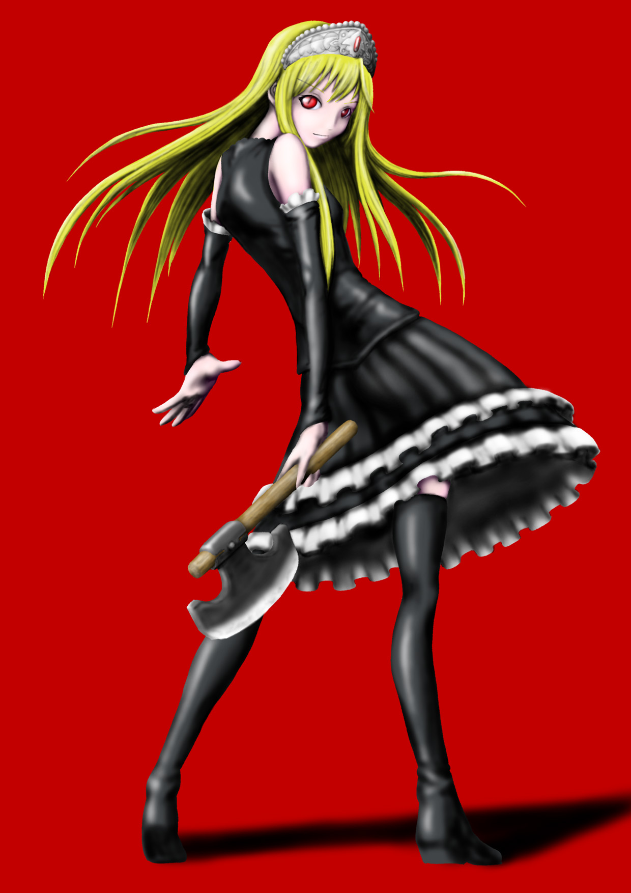 164 (artist), hime (kaibutsu oujo), kaibutsu oujo, highres, 00s, axe, blonde hair, long hair, red eyes, tiara, weapon