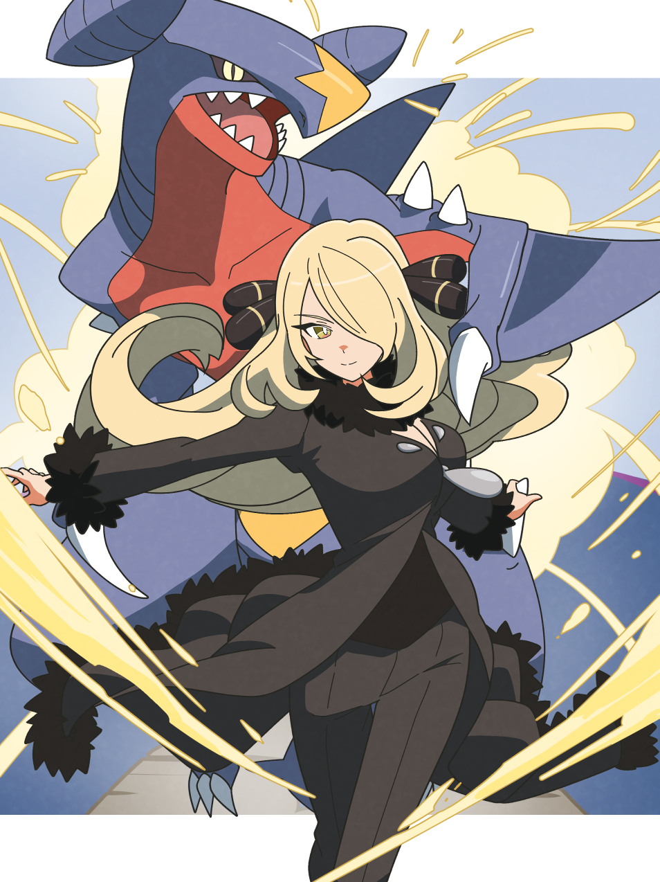 kanbei (pixiv11037490), cynthia (pokemon), garchomp, nintendo, pokemon, pokemon dppt, highres, 1girl, black coat, black pants, blonde hair, breasts, cleavage, coat, fur-trimmed coat, fur-trimmed pants, fur trim, gen 4 pokemon, hair over one eye, looking at viewer, pants, pokemon (creature), smile, solo, yellow eyes