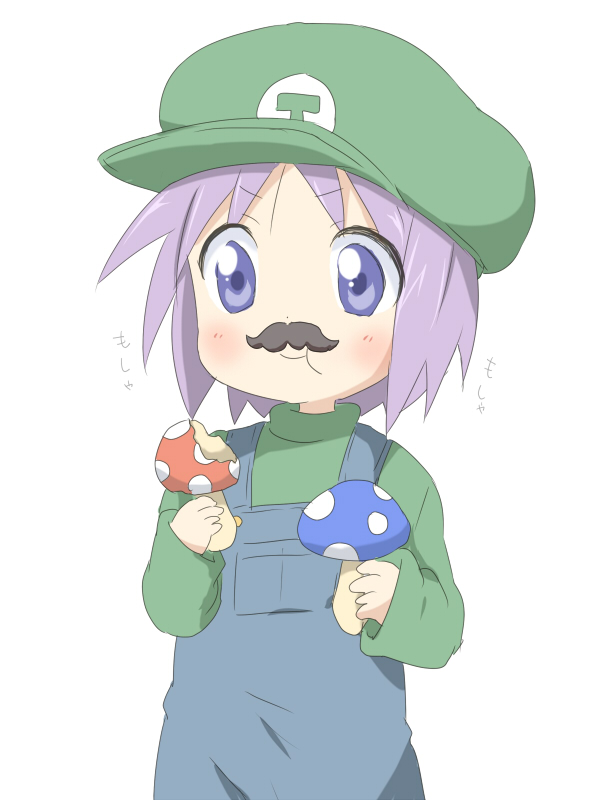 maruki (punchiki), hiiragi tsukasa, luigi, lucky star, mario (series), nintendo, bad id, bad pixiv id, 1girl, blouse, blue eyes, blue overalls, cosplay, costume, crossdressing, crossdressing (ftm), eating, facial hair, fake facial hair, fake mustache, female focus, green hat, green shirt, hat, luigi (cosplay), mushroom, mustache, overalls, purple hair, shirt, short hair, simple background, solo, standing, super mushroom, v-shaped eyebrows, white background