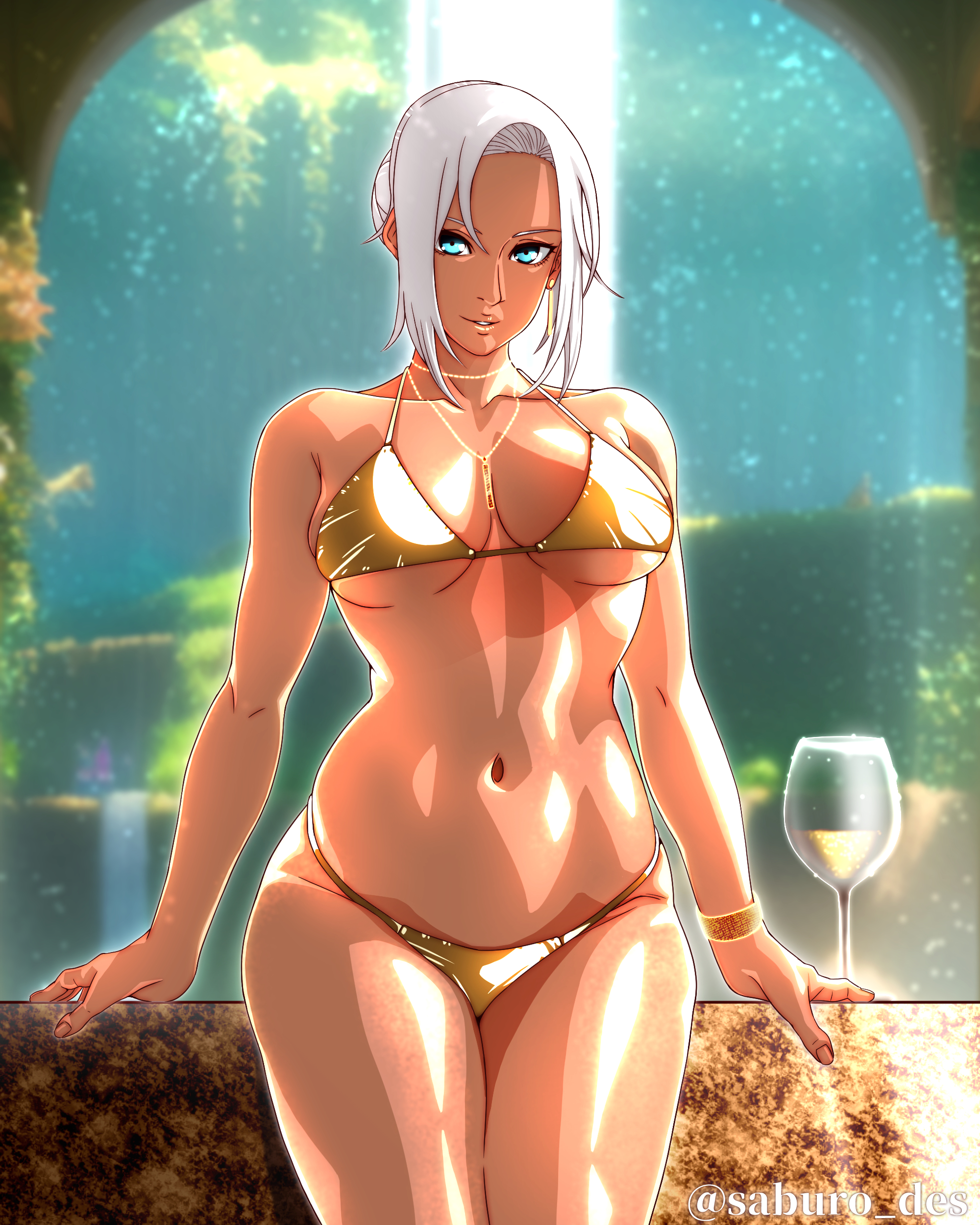 saburo des, mabui (naruto), naruto (series), naruto shippuuden, absurdres, commentary request, highres, 1girl, bikini, blue eyes, blurry, blurry background, bracelet, breasts, cowboy shot, cup, dark-skinned female, dark skin, drinking glass, earrings, gold bikini, hair bun, jewelry, large breasts, necklace, parted lips, shiny skin, single hair bun, sitting, smile, solo, swimsuit, twitter username, underboob, white hair, wine glass