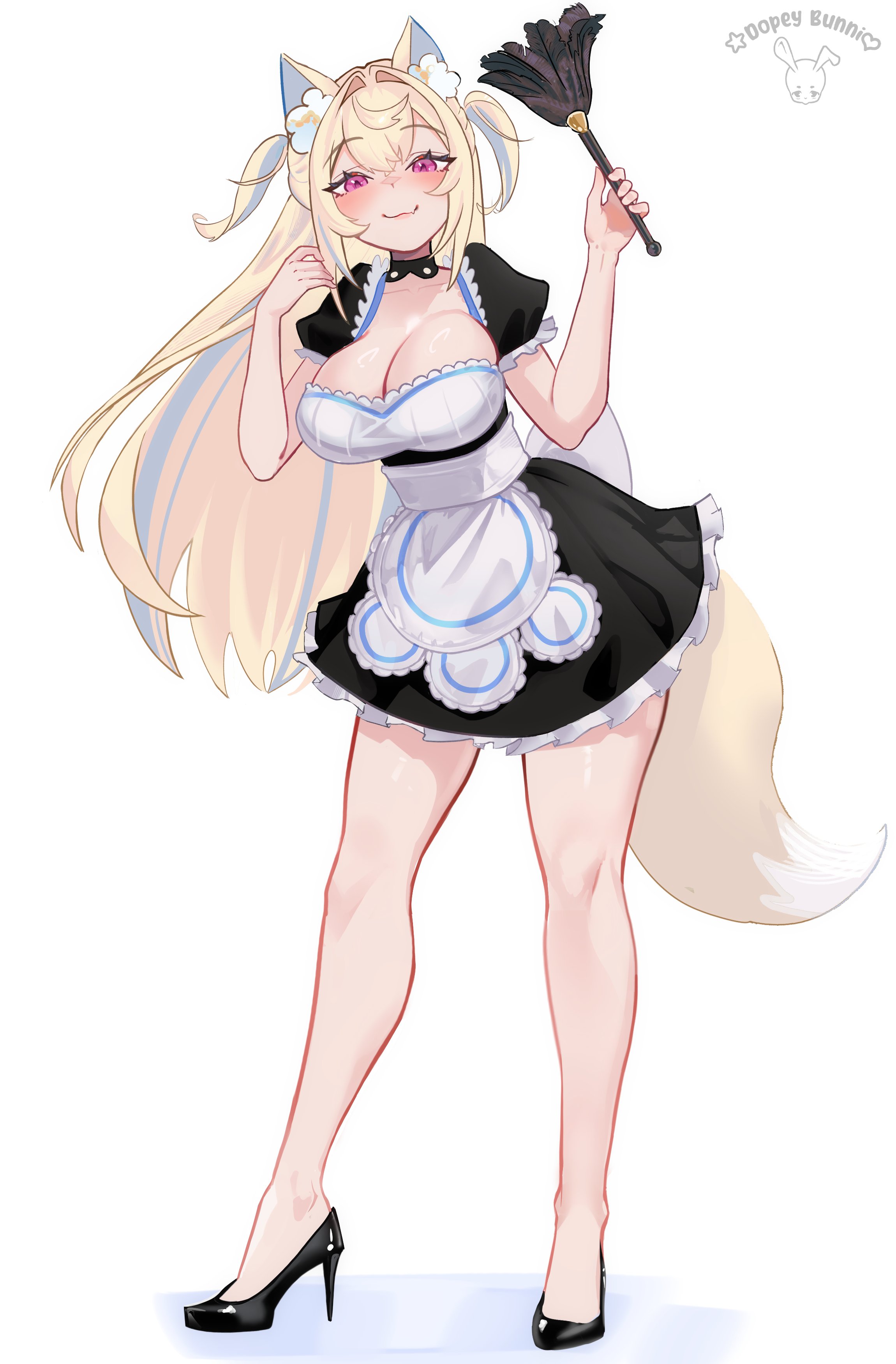 dopeybunni, fuwawa abyssgard, hololive, hololive english, absurdres, highres, 1girl, alternate costume, animal ears, apron, black dress, blonde hair, blue streaks, breasts, cleavage, dog ears, dog girl, dog tail, dress, duster, enmaided, full body, high heels, holding, holding duster, large breasts, looking at viewer, maid, maid apron, pink eyes, simple background, solo, tail, two side up, virtual youtuber, white apron, white background
