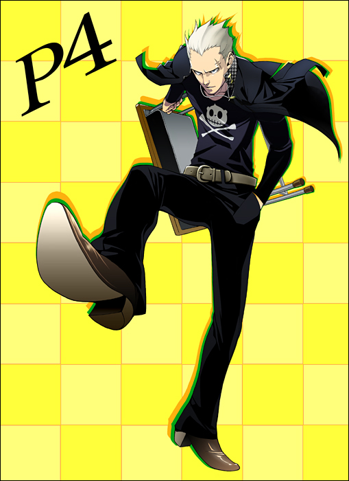 yoshida shiro, tatsumi kanji, atlus, persona, persona 4, silver hair, 1boy, belt, boots, delinquent, desk, full body, hand in pocket, leg lift, male focus, scar, school uniform, short hair, skull, solo