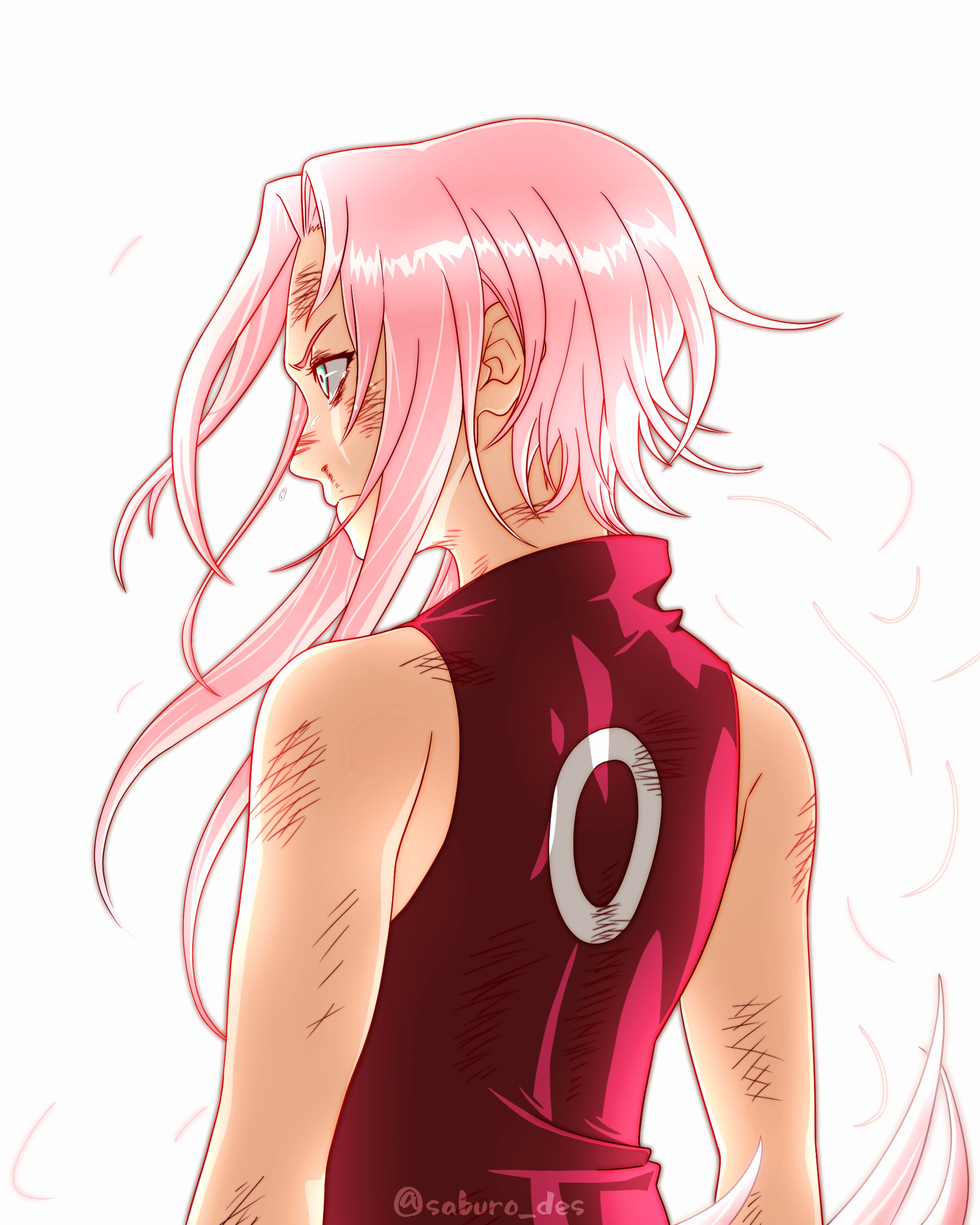 saburo des, haruno sakura, naruto (classic), naruto (series), absurdres, commentary, commentary request, derivative work, highres, symbol-only commentary, 1girl, blood, bruise, bruise on face, comic panel redraw, from behind, frown, green eyes, injury, nosebleed, pink hair, profile, serious, severed hair, short hair with long locks, sidelocks, solo, twitter username, upper body, watermark