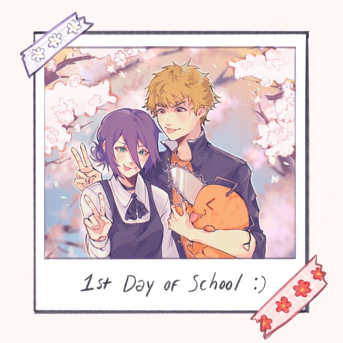 basil (basiilleaf), denji (chainsaw man), pochita (chainsaw man), reze (chainsaw man), chainsaw man, highres, 1boy, 1girl, black dress, blonde hair, brown eyes, dress, gakuran, green eyes, hair between eyes, pinafore dress, purple hair, school uniform, shirt, short hair, sleeveless, sleeveless dress, tape, tongue, tongue out, v, white shirt