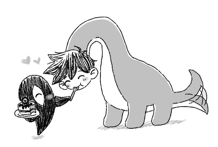 sun iiinu, something (omori), omori, antenna hair, blush stickers, cake, cake slice, closed eyes, closed mouth, double-parted bangs, food, fork, greyscale, hair between eyes, heart, herosaurus (omori), holding, holding fork, holding plate, little one (omori), monochrome, no humans, plate, short hair, simple background