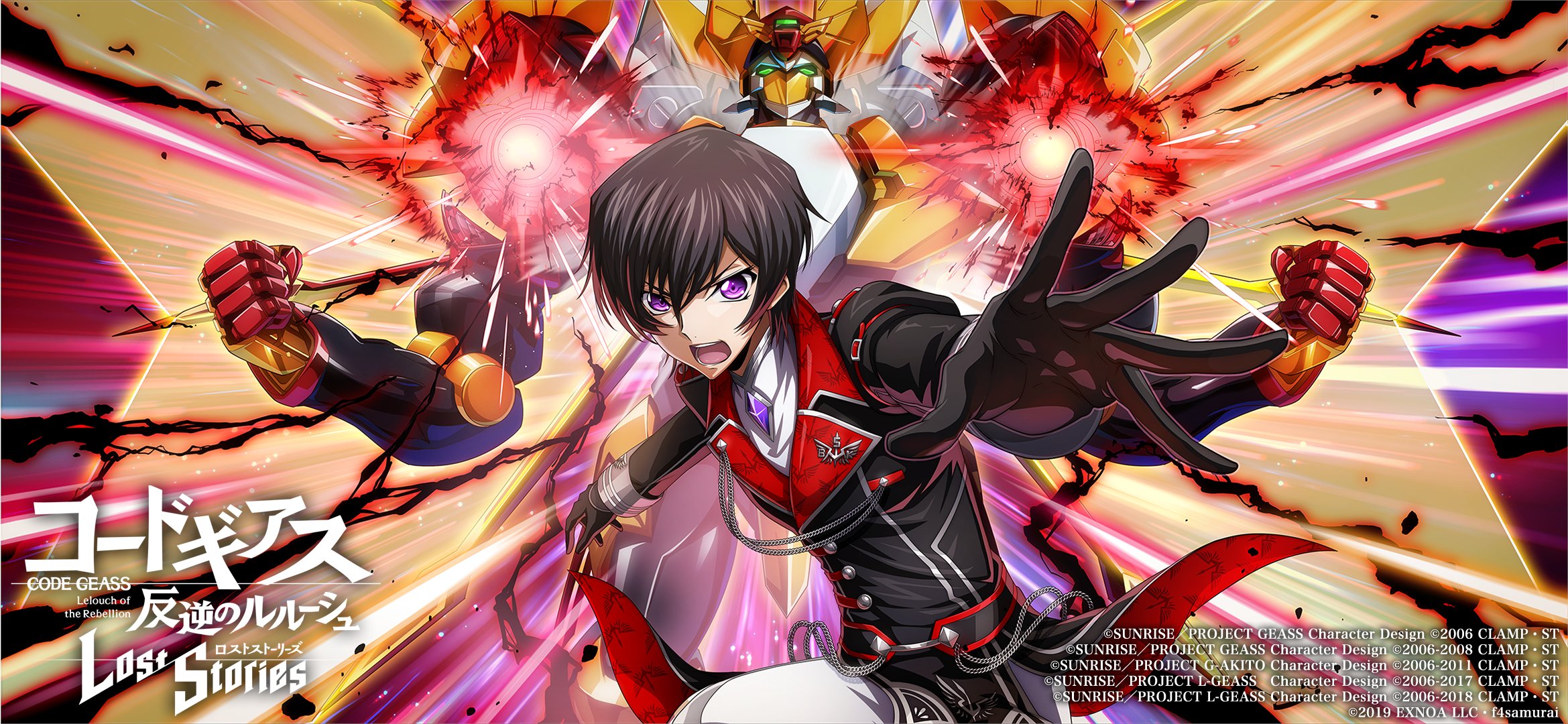 f4samurai, lelouch vi britannia, code geass, code geass: lost stories, commentary request, highres, official art, 1boy, black gloves, black hair, black jacket, gloves, jacket, knightmare frame, mecha, open mouth, purple eyes, robot, skirt, solo, teeth, white skirt