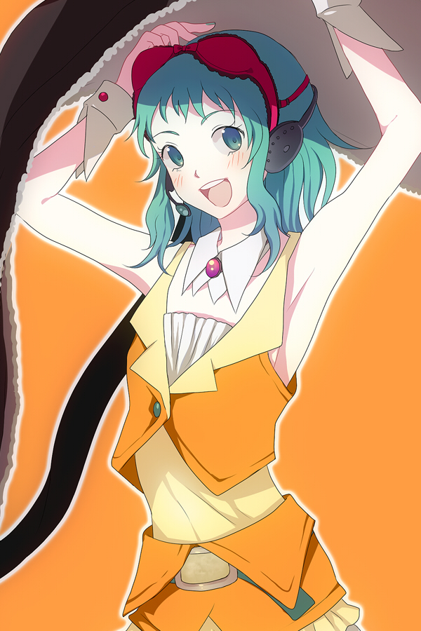 harano, gumi, vocaloid, 1girl, armpits, arms up, belt, blush, bra, bra on head, female focus, frills, gathers, goggles, green eyes, green hair, headset, lingerie, looking at viewer, matching hair/eyes, object on head, open mouth, orange background, red bra, short hair, skirt, smile, solo, underwear, wing collar, wrist cuffs