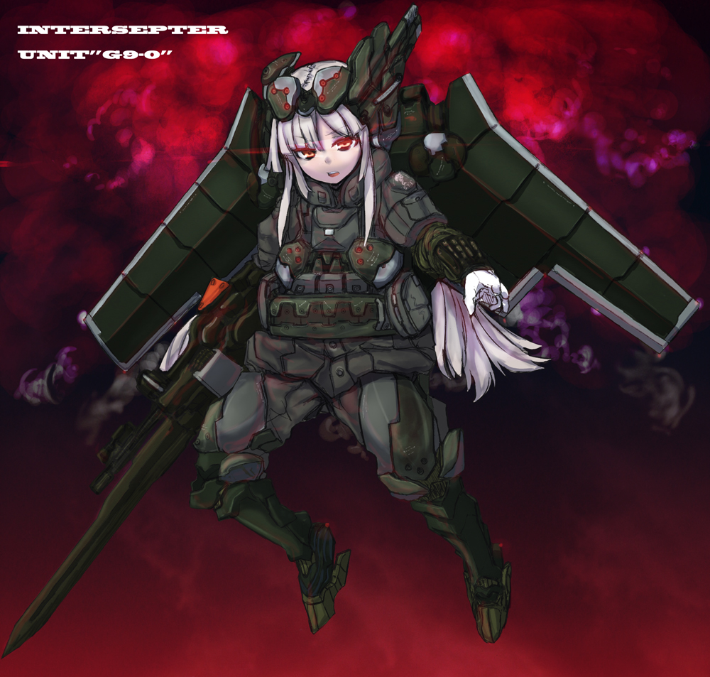 sigama, original, bad id, bad pixiv id, gloves, gun, load bearing vest, long hair, mecha musume, military, solo, vest, weapon, white hair, wings, yellow eyes
