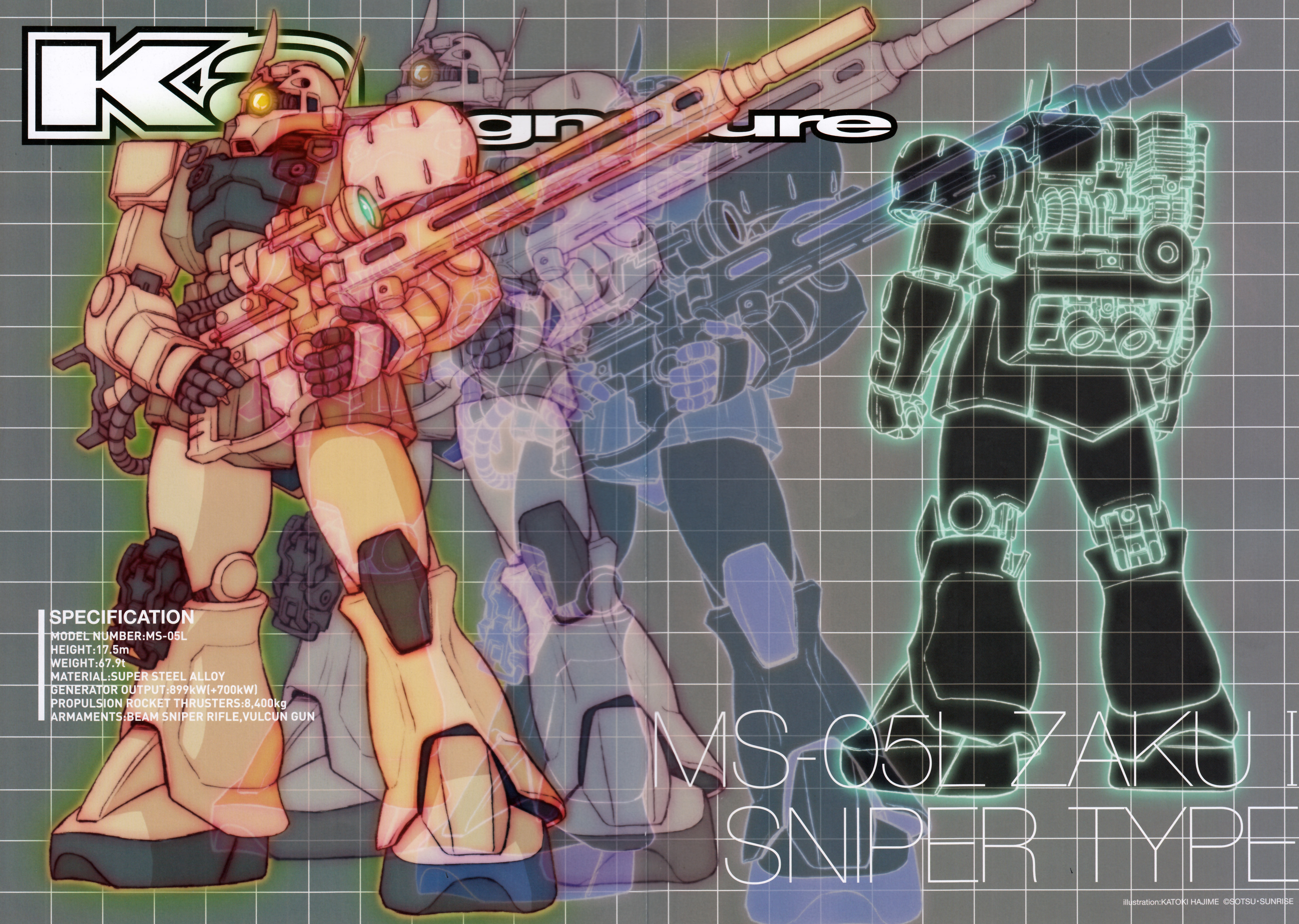 katoki hajime, zaku i sniper type, gundam, gundam unicorn, absurdres, highres, promotional art, beam rifle, character name, energy gun, english text, grid background, gun, machinery, mecha, mecha focus, mobile suit, multiple views, neo zeon, no humans, one-eyed, rifle, robot, science fiction, scope, sniper rifle, weapon