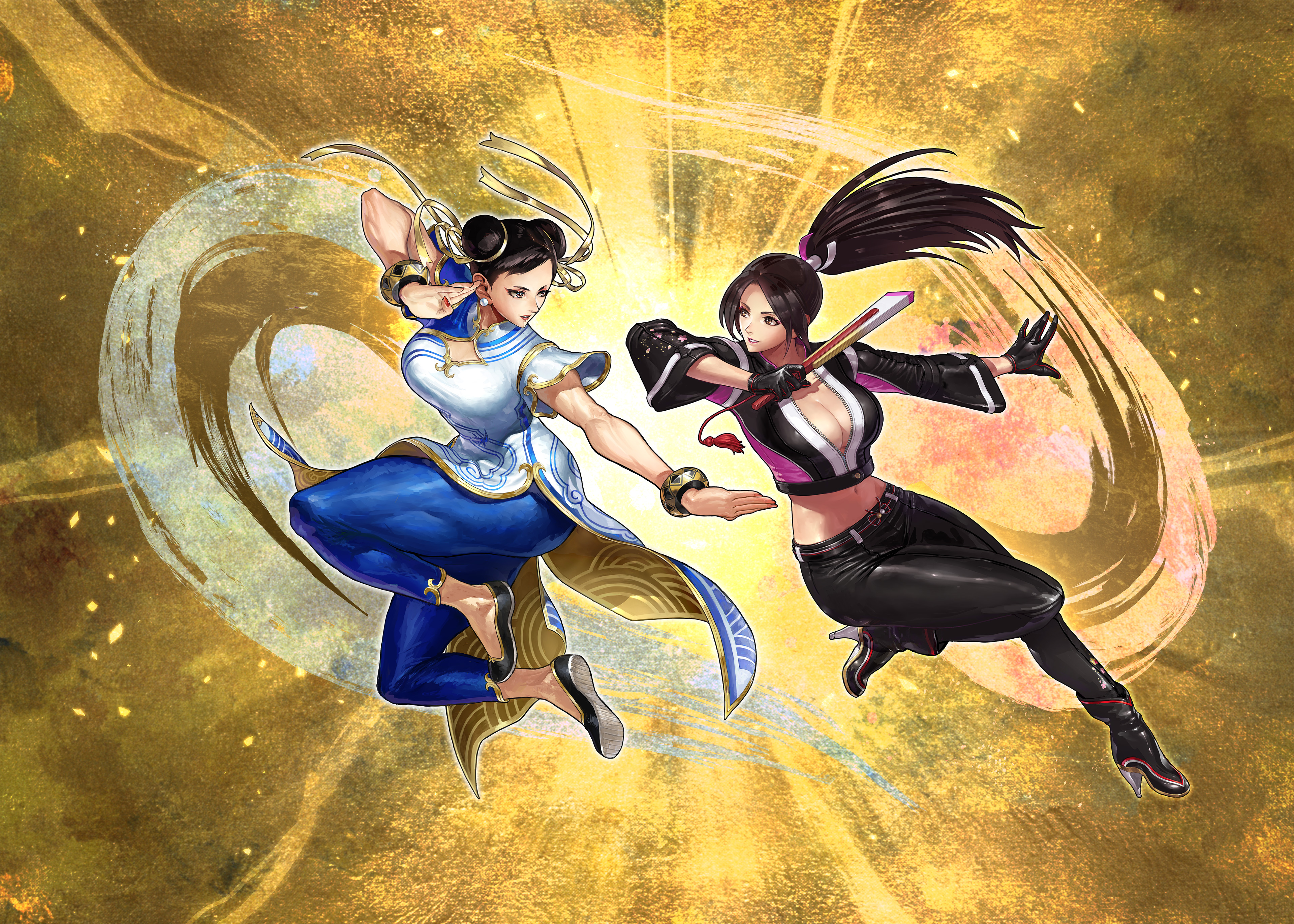 ogura eisuke, chun-li, shiranui mai, capcom, fatal fury, fatal fury: city of the wolves, snk, street fighter, street fighter 6, absurdres, highres, official art, black gloves, black hair, black jacket, black jumpsuit, black pants, bracelet, breast zipper, breasts, brown eyes, brown hair, china dress, chinese clothes, cleavage, crop top, cropped jacket, double bun, dress, earrings, folded fan, folding fan, gloves, hair bun, hand fan, high ponytail, holding, holding fan, jacket, jewelry, jumpsuit, large breasts, leather, leather pants, long hair, motoyui, multiple girls, pants, partially unzipped, pelvic curtain, ponytail, print jacket, rivalry, short hair, thighs
