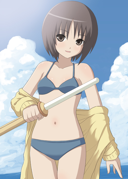 aka (s3637), kashiwaba tomoe, rozen maiden, 00s, 1girl, bikini, blue sky, brown eyes, brown hair, cloud, cloudy sky, day, female focus, flat chest, grey bikini, mole, mole under eye, navel, outdoors, shinai, short hair, sky, solo, standing, swimsuit, sword, water, weapon