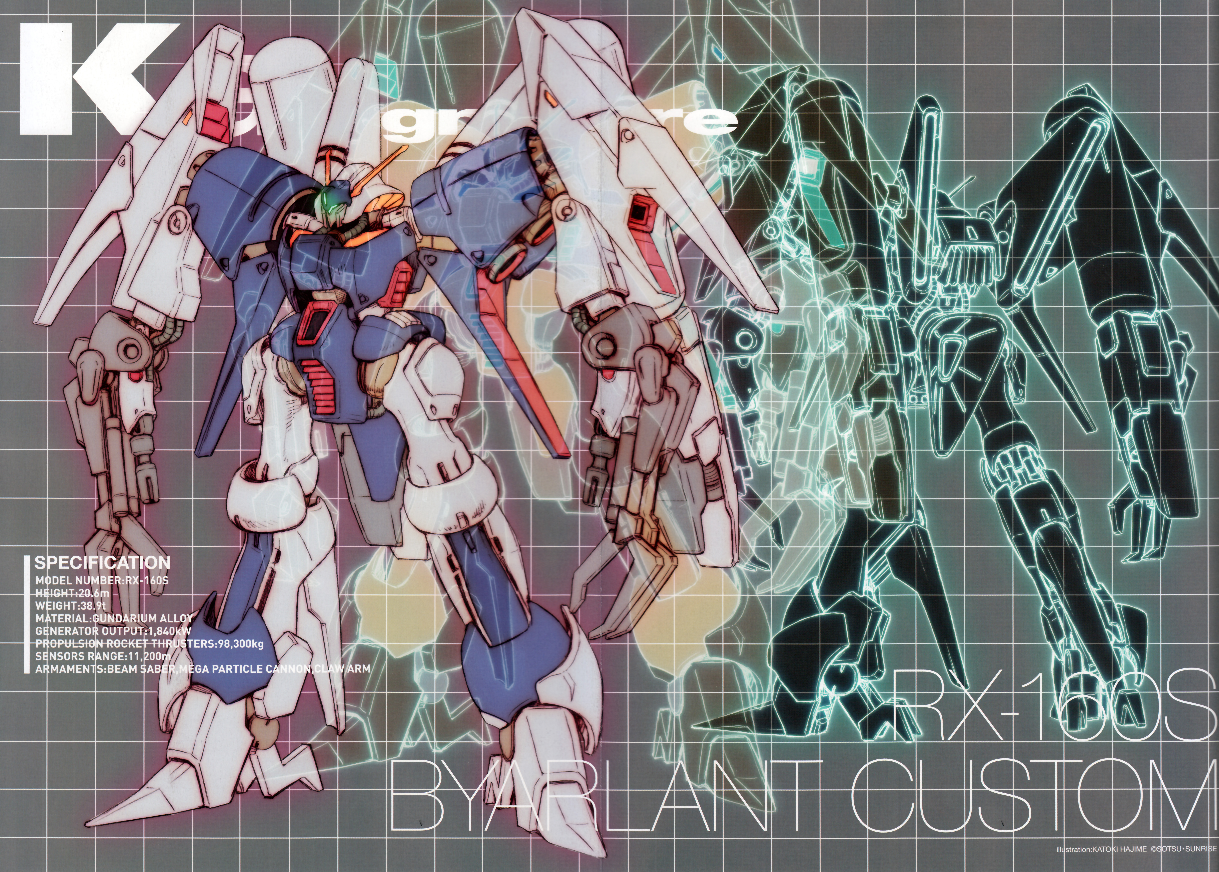 katoki hajime, byalant, byalant custom, gundam, gundam unicorn, absurdres, highres, promotional art, beam cannon, cable, character name, claws, earth federation, english text, green visor, grid background, machinery, mecha, mecha focus, mobile suit, multiple views, no humans, robot, science fiction