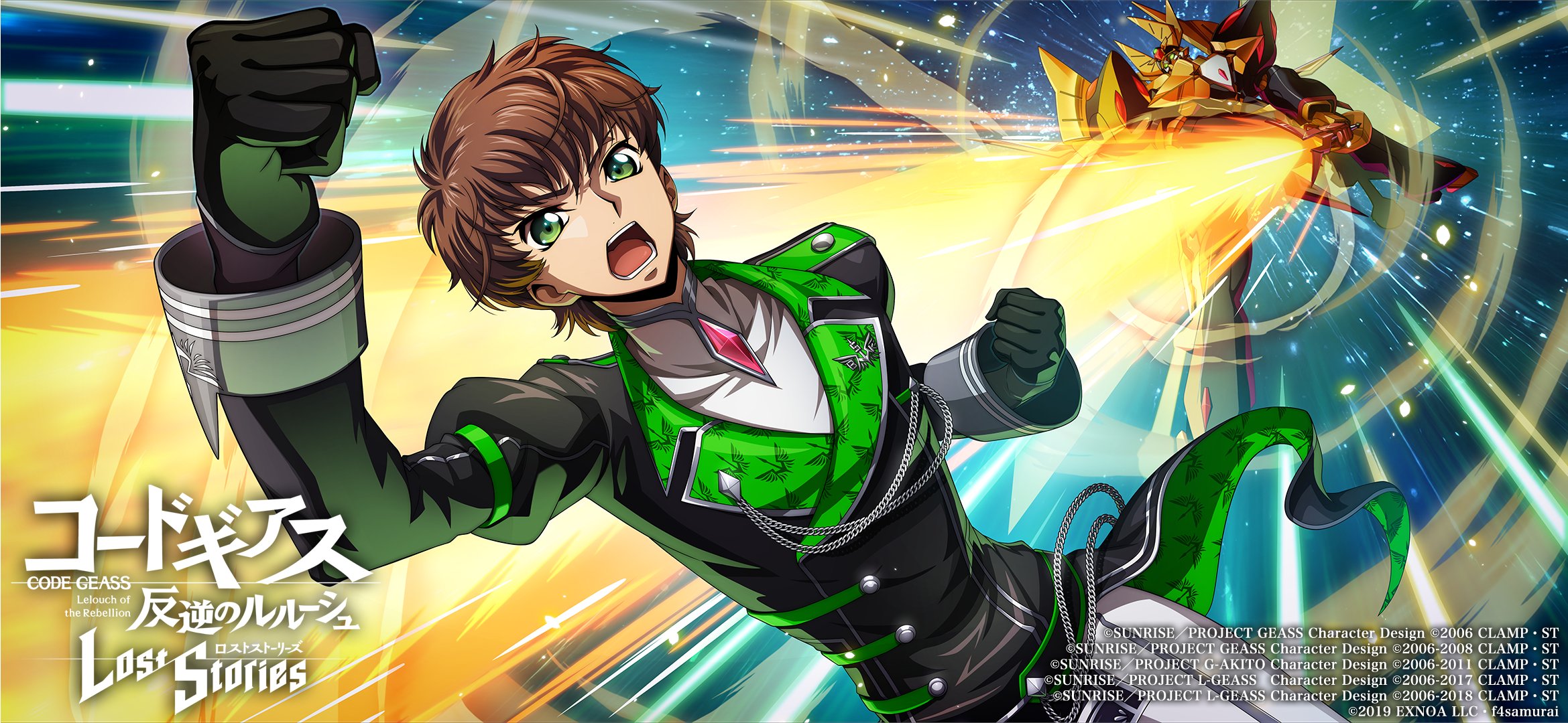 f4samurai, kururugi suzaku, code geass, code geass: lost stories, commentary request, highres, official art, 1boy, black gloves, black jacket, brown hair, gloves, green eyes, jacket, knightmare frame, mecha, robot, short hair, skirt, solo, white skirt