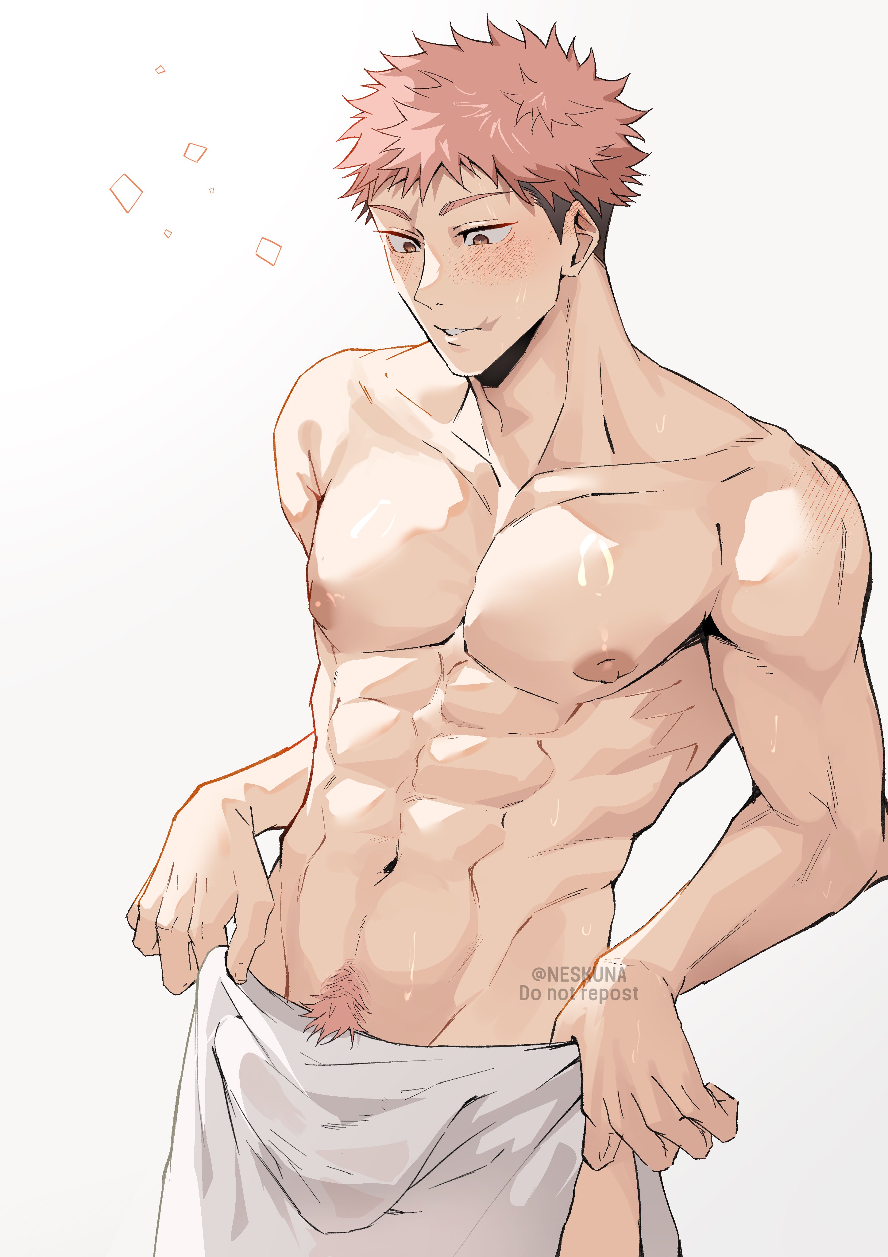 neskuna, itadori yuuji, jujutsu kaisen, absurdres, highres, 1boy, abs, black hair, blush, colored pubic hair, cowboy shot, looking down, male focus, male pubic hair, multicolored hair, naked towel, navel, nipples, parted lips, pectorals, pink hair, pink pubic hair, pubic hair, pubic hair peek, scar on lip, simple background, solo, teeth, towel, towel around waist, two-tone hair, undercut, wet, white background